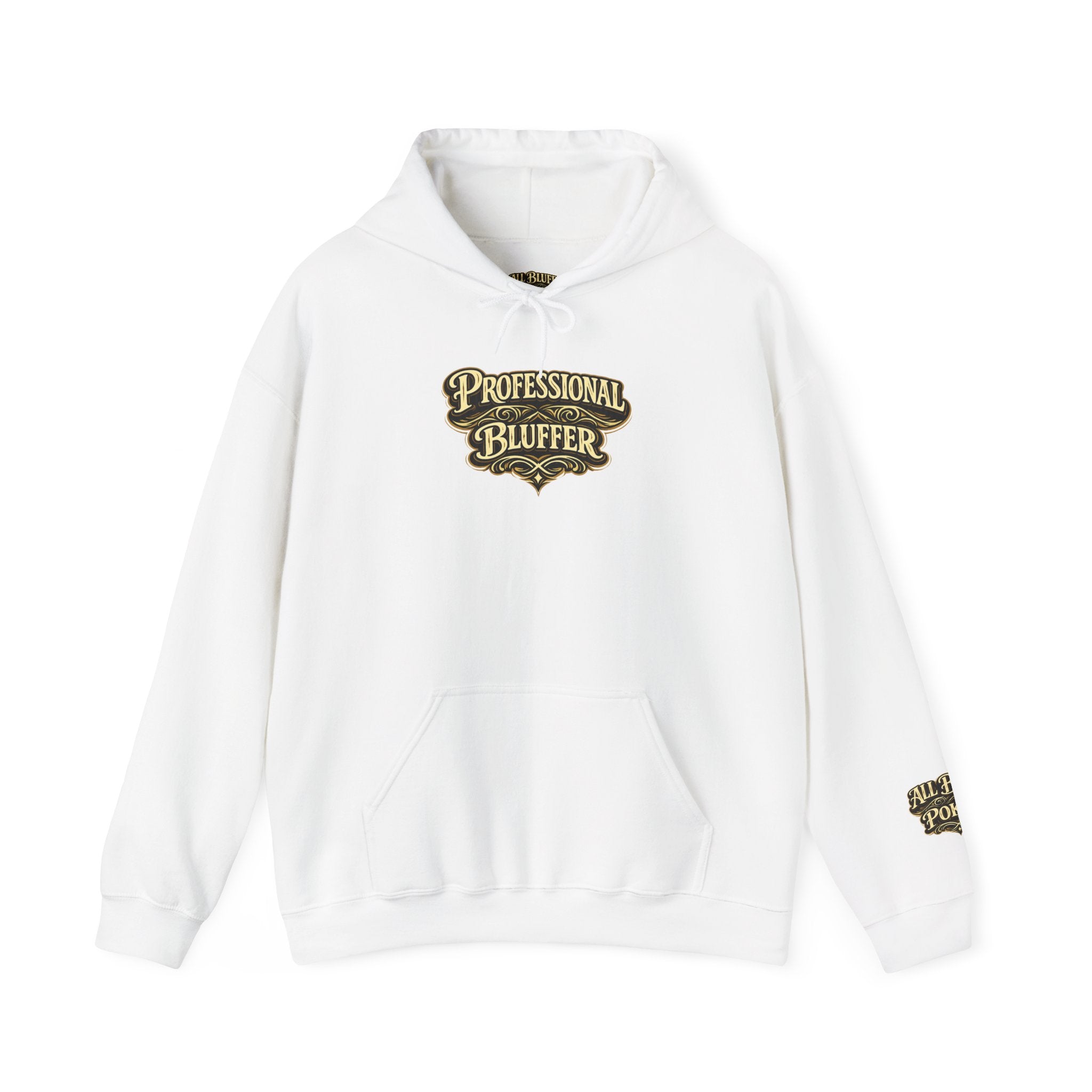 Professional Bluffer Pullover Hoodie in White – Front Flat Lay | All Bluff Poker