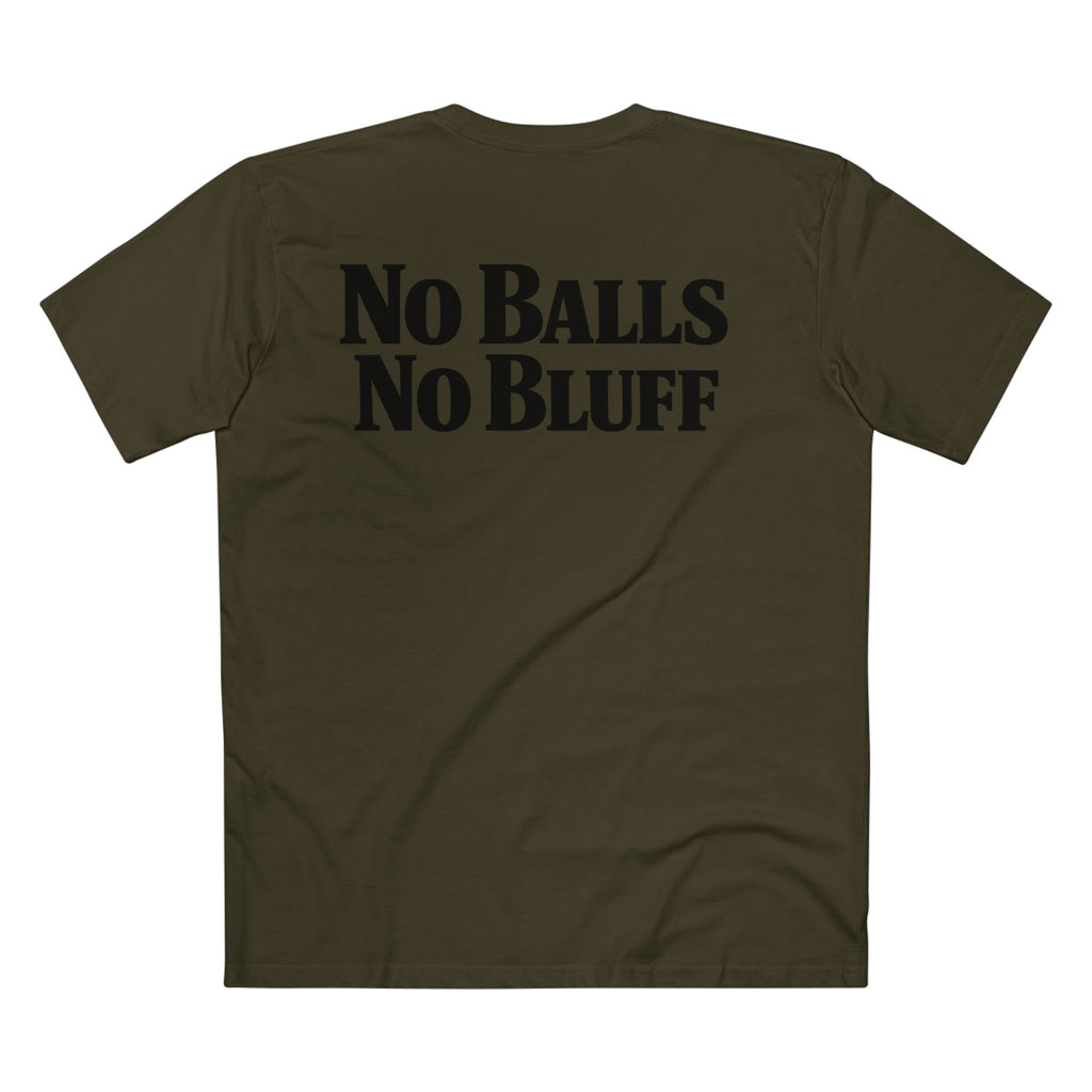 No Balls No Bluff T-Shirt in Army – Back Flat Lay | All Bluff Poker