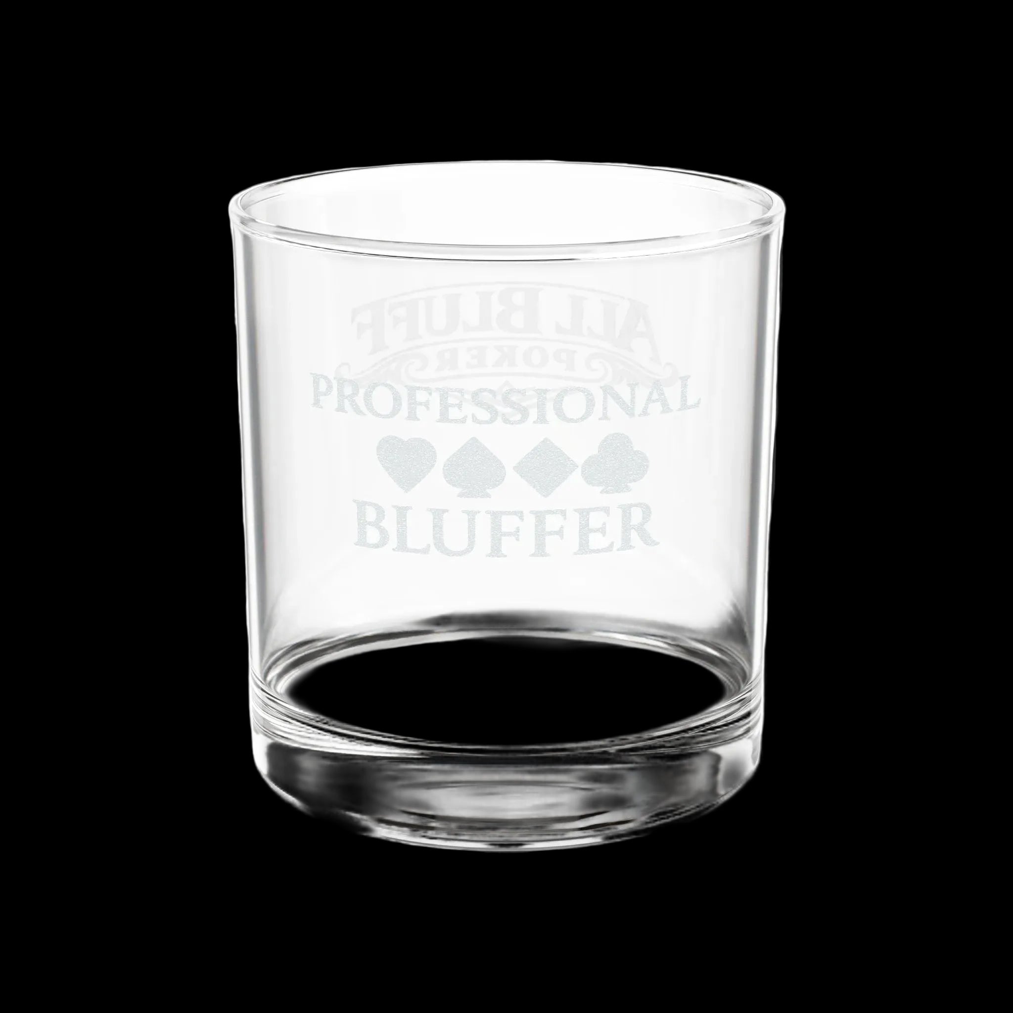 Professional Bluffer etched lowball whiskey glass with card suits — poker gift for him