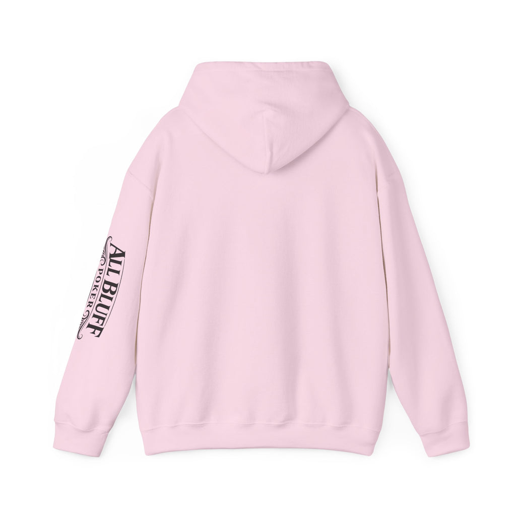 I'm a Bluffer Not a Fighter Pullover Hoodie in Light Pink – Back Flat Lay | All Bluff Poker
