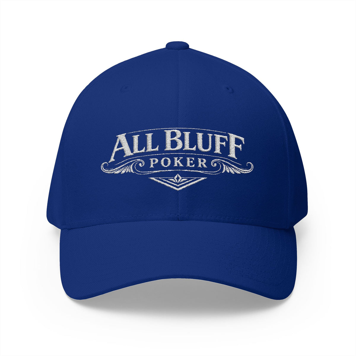 All Bluff Poker Fitted Cap in Royal Blue – Front View | All Bluff Poker