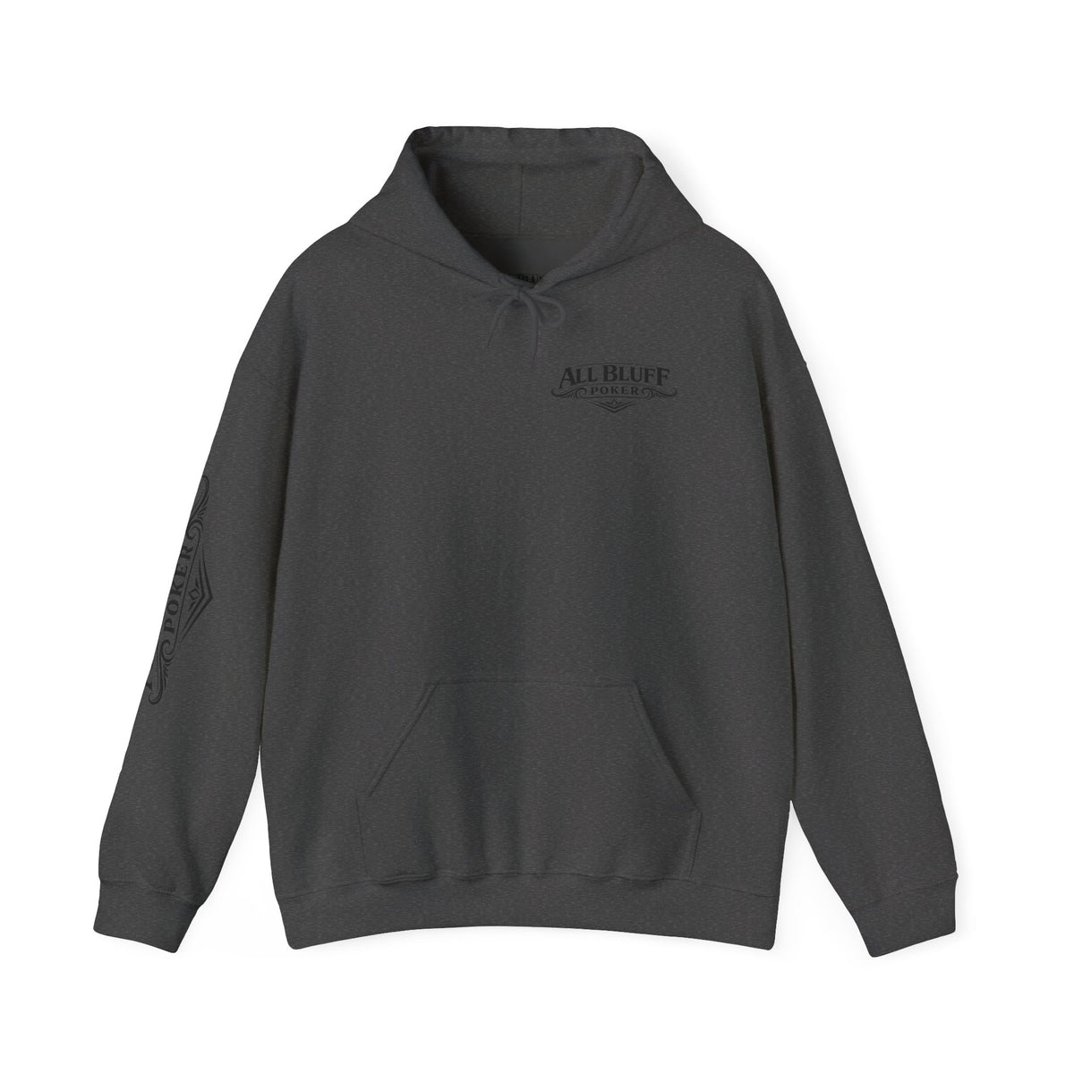 All Bluff Poker Pullover Hoodie in Dark Heather – Front Flat Lay with Right Sleeve Graphic | All Bluff Poker