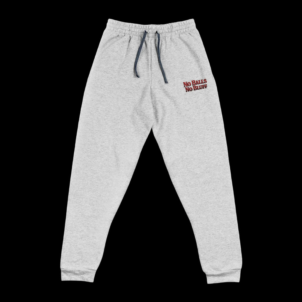 No Balls No Bluff Relaxed Sweatpants in Athletic Heather – Front Flat Lay with Left Leg Embroidery | All Bluff Poker