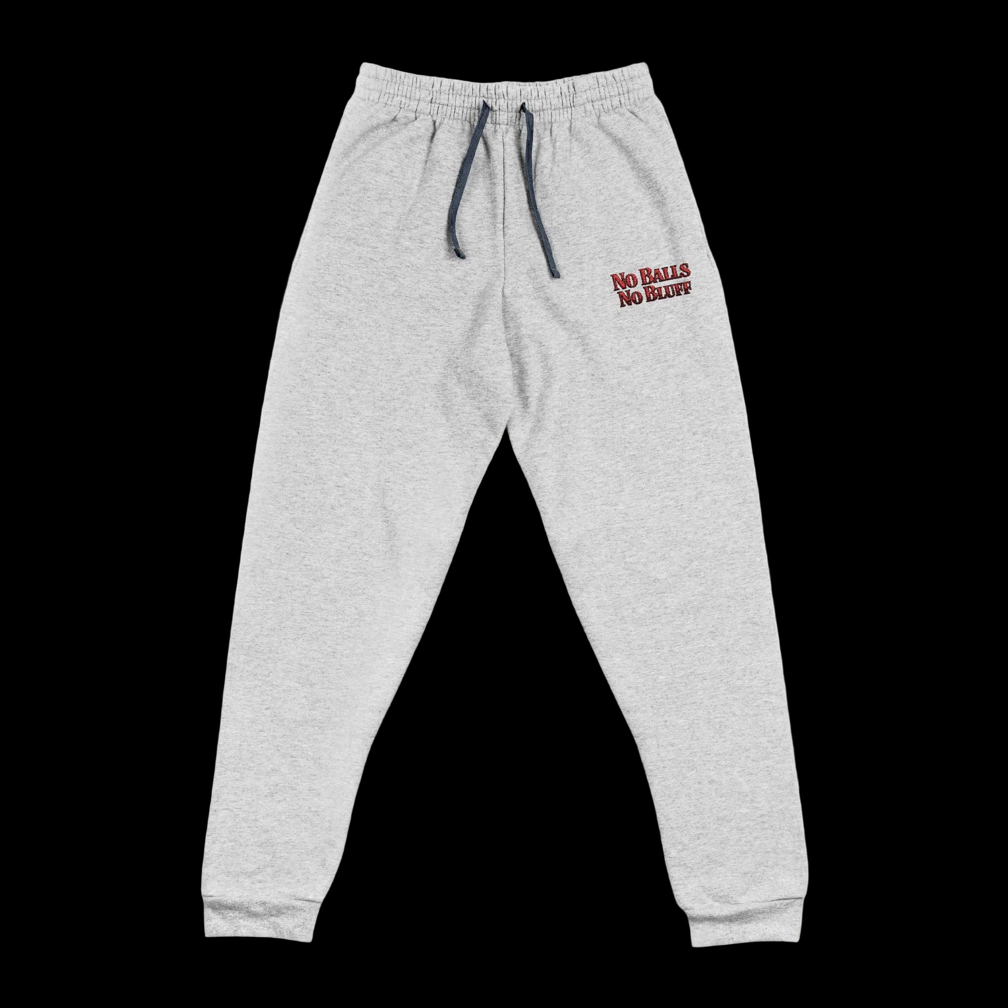 No Balls No Bluff Relaxed Sweatpants in Athletic Heather – Front Flat Lay with Left Leg Embroidery | All Bluff Poker
