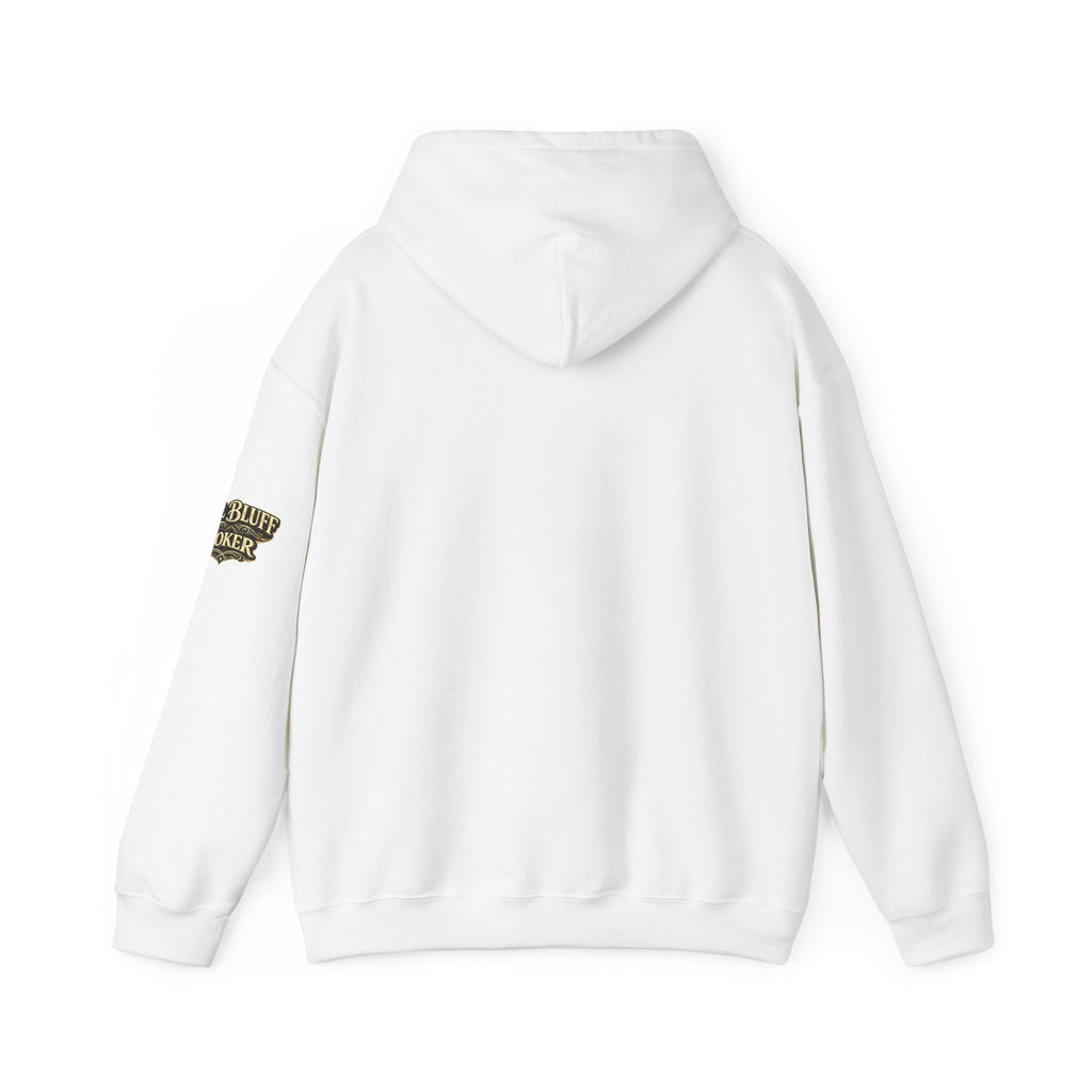 All Bluff Poker Pullover Hoodie in White – Back Flat Lay | All Bluff Poker