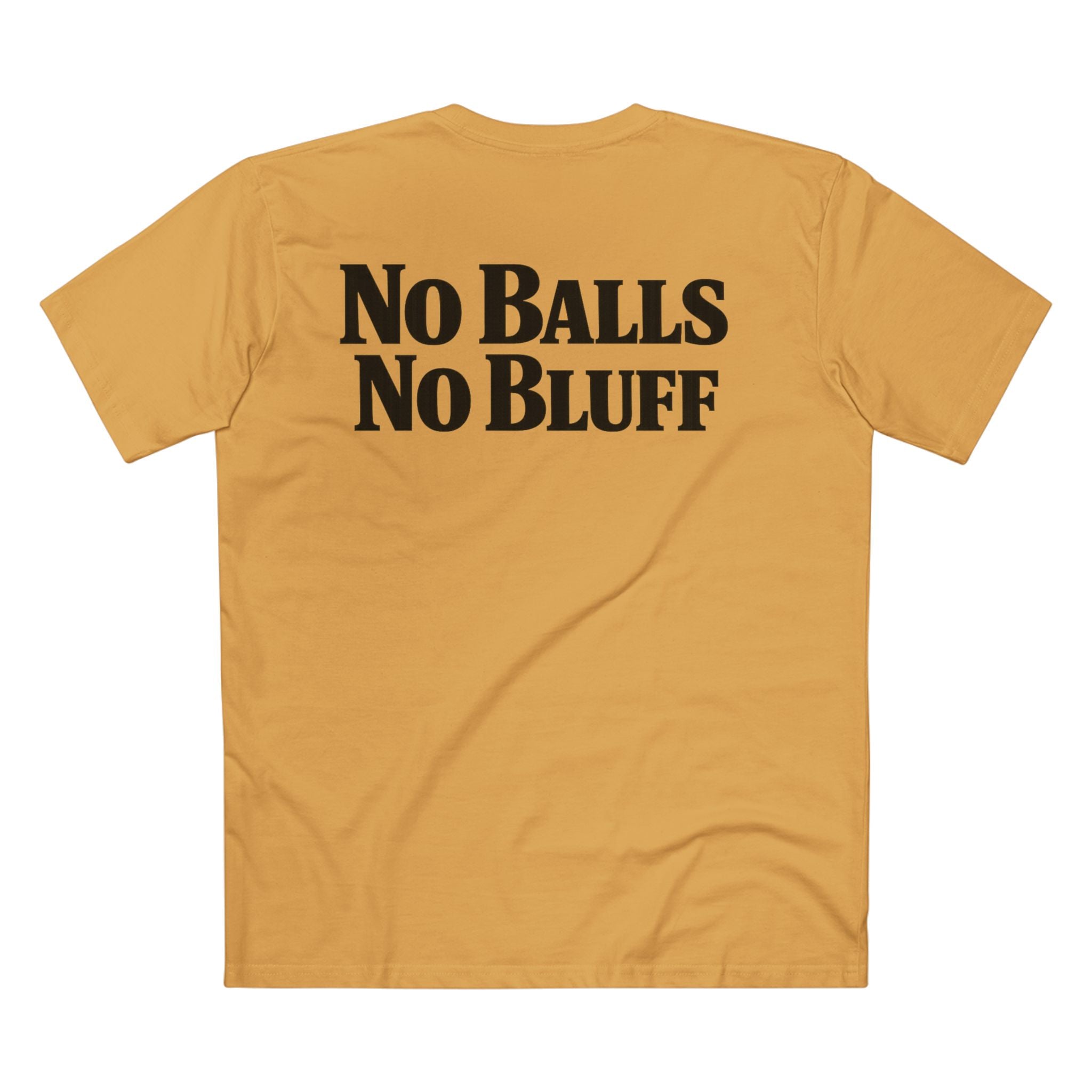 No Balls No Bluff T-Shirt in Mustard – Back Flat Lay | All Bluff Poker