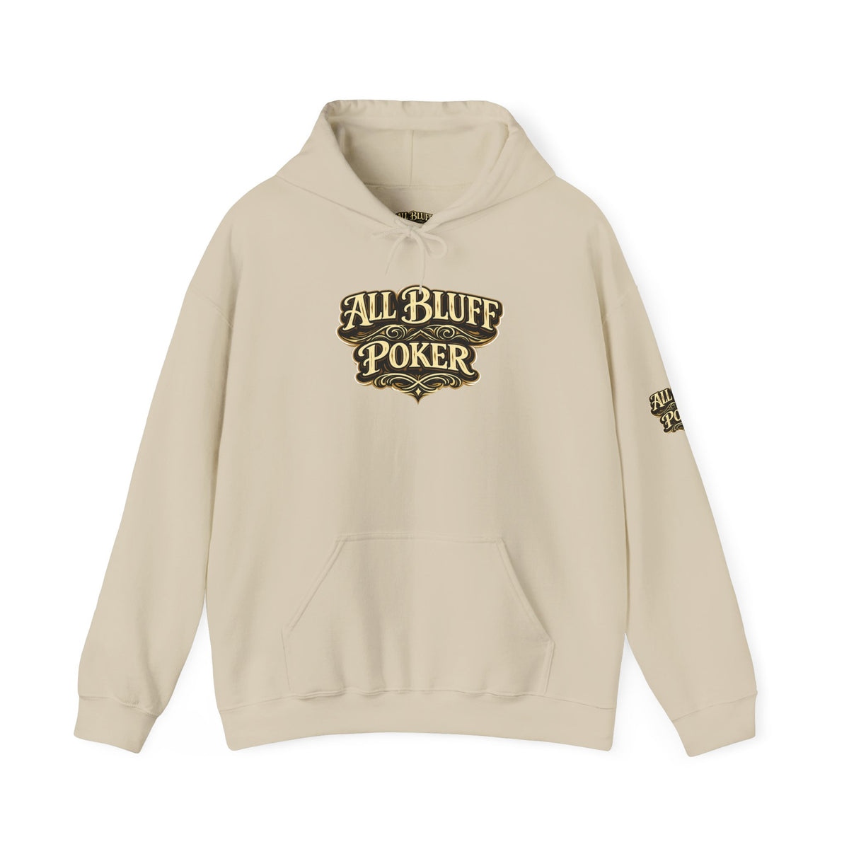All Bluff Poker Pullover Hoodie in Bone – Front Flat Lay with Left Sleeve Graphic | All Bluff Poker