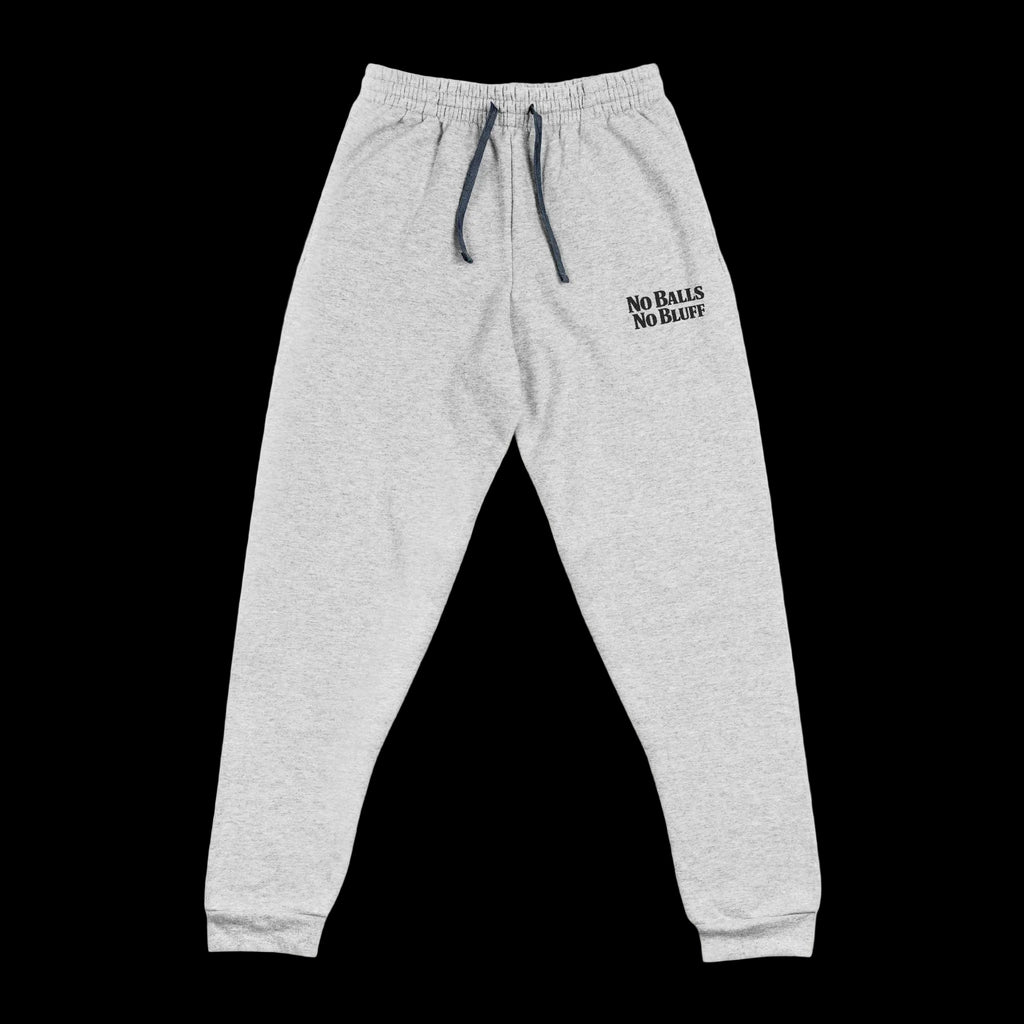 No Balls No Bluff Relaxed Sweatpants in Athletic Heather – Front Flat Lay with Left Leg Embroidery | All Bluff Poker
