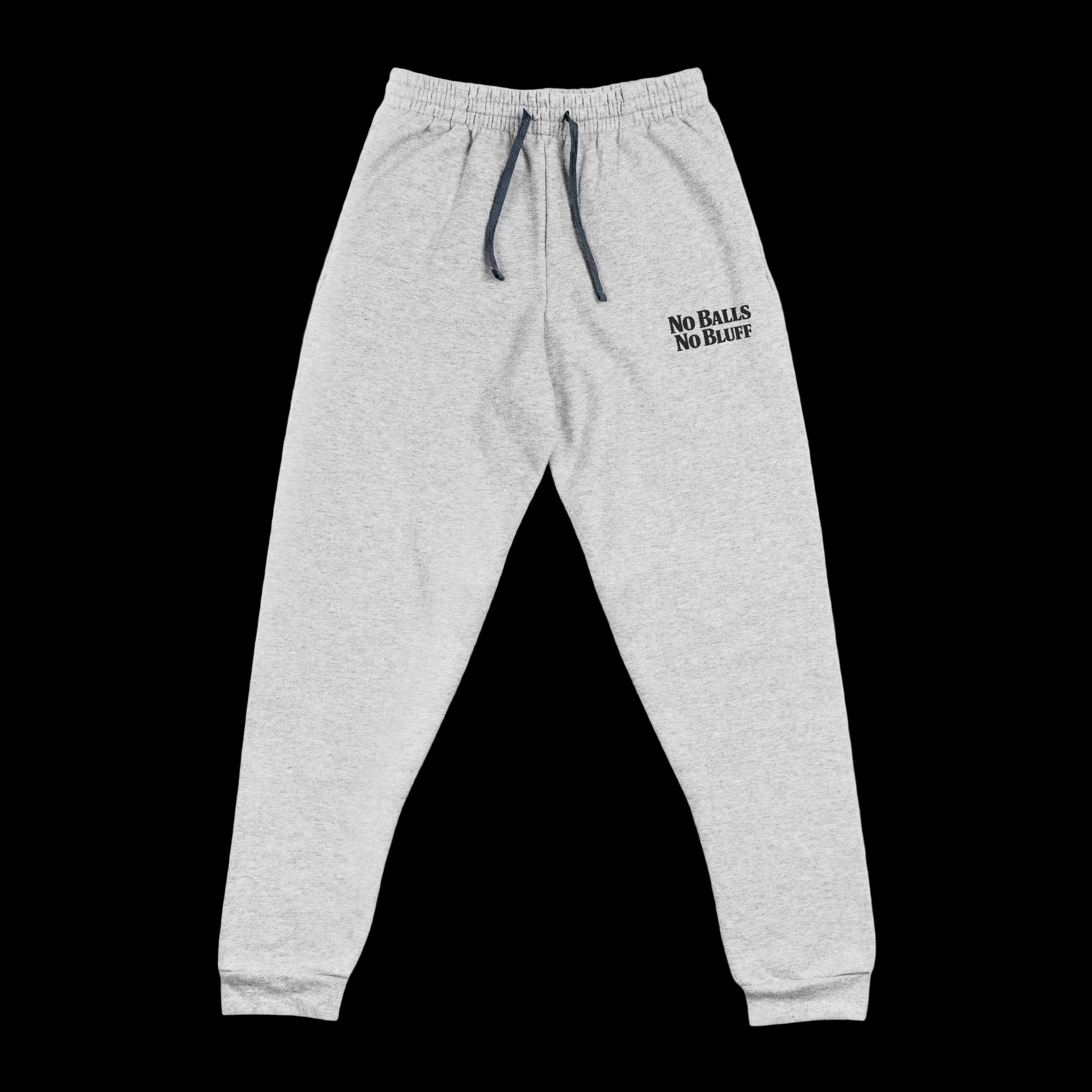 No Balls No Bluff Relaxed Sweatpants in Athletic Heather – Front Flat Lay with Left Leg Embroidery | All Bluff Poker