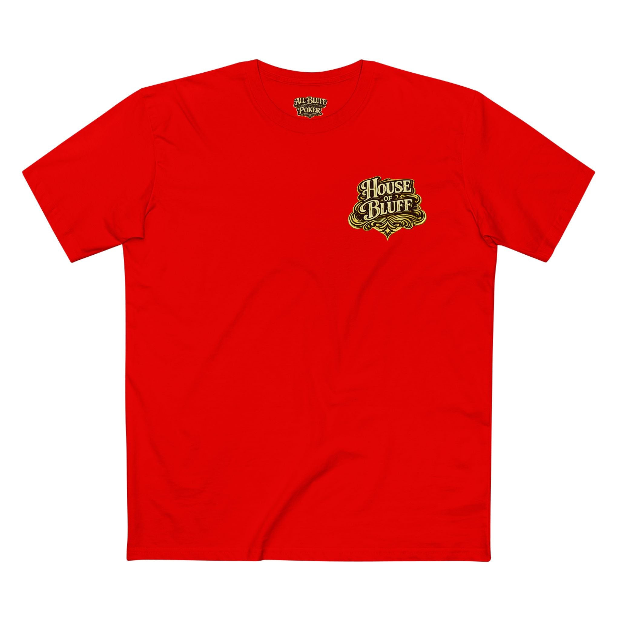 House of Bluff T-Shirt in Red – Front Flat Lay | All Bluff Poker