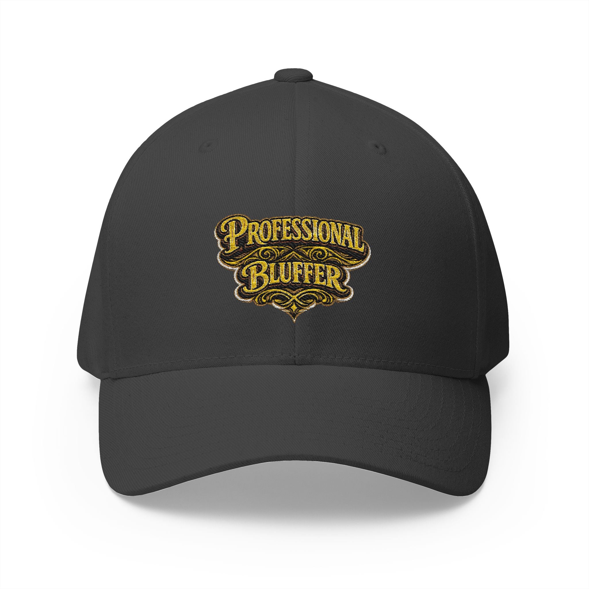 Professional Bluffer Fitted Cap in Dark Grey – Front View | All Bluff Poker