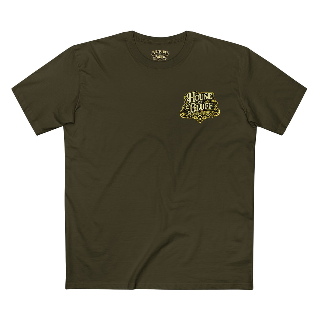 House of Bluff T-Shirt in Army – Front Flat Lay | All Bluff Poker