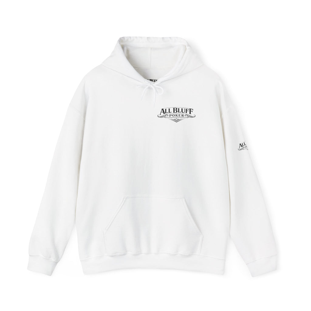 I'm a Bluffer Not a Fighter Pullover Hoodie in White – Front Flat Lay | All Bluff Poker