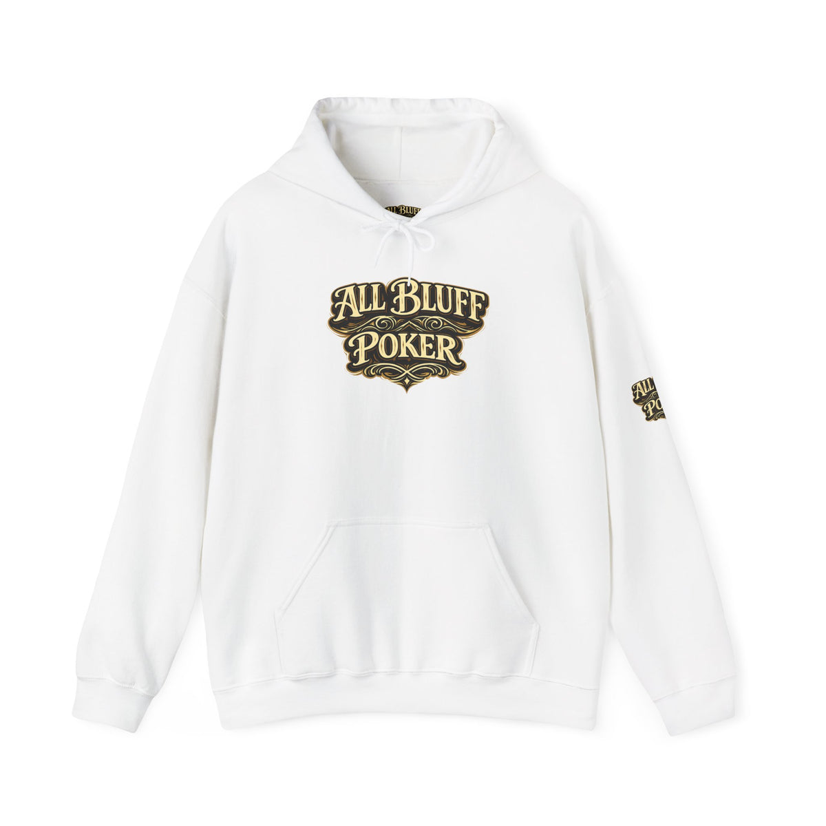 All Bluff Poker Pullover Hoodie in White – Front Flat Lay with Left Sleeve Graphic | All Bluff Poker