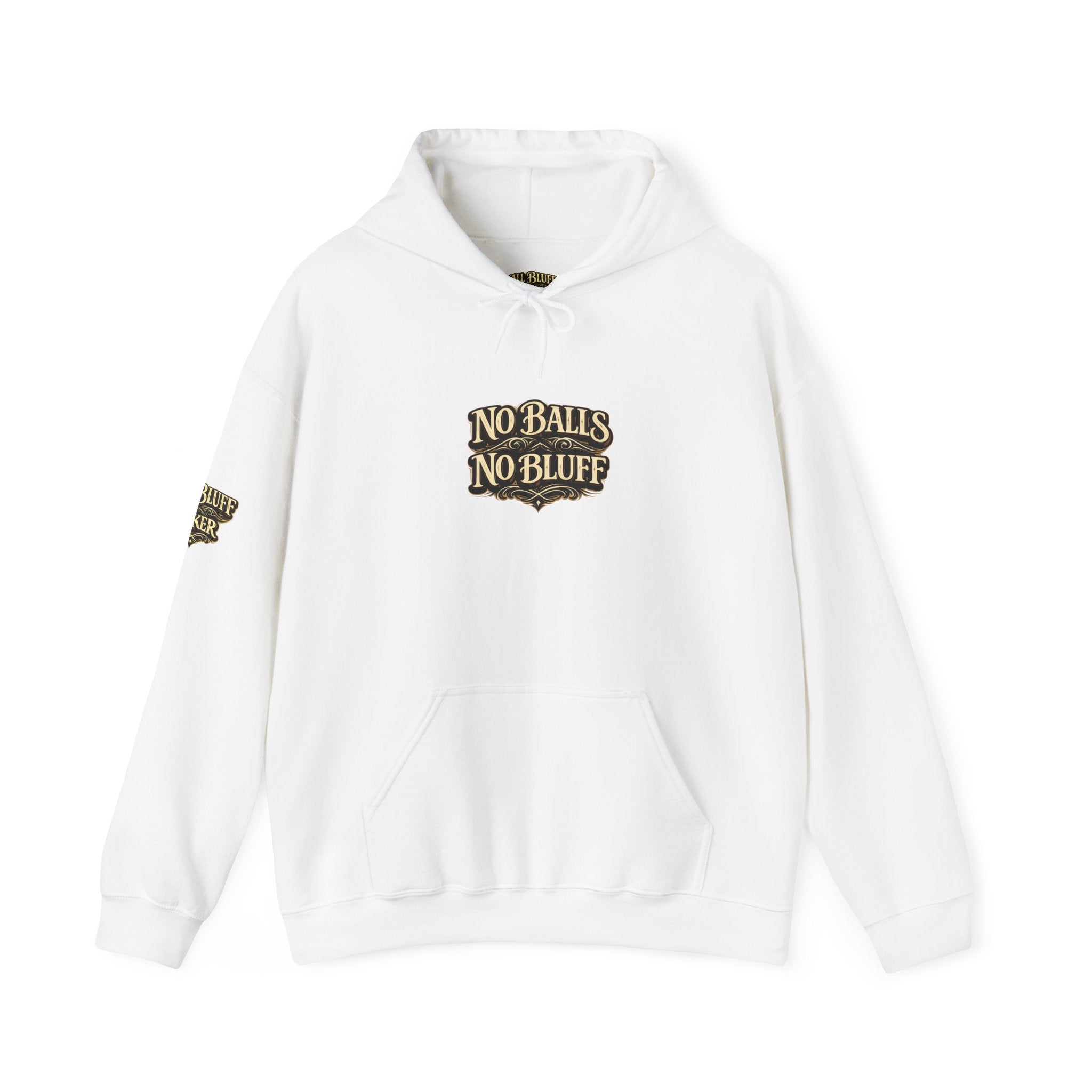 No Balls No Bluff Pullover Hoodie in White – Front Flat Lay | All Bluff Poker