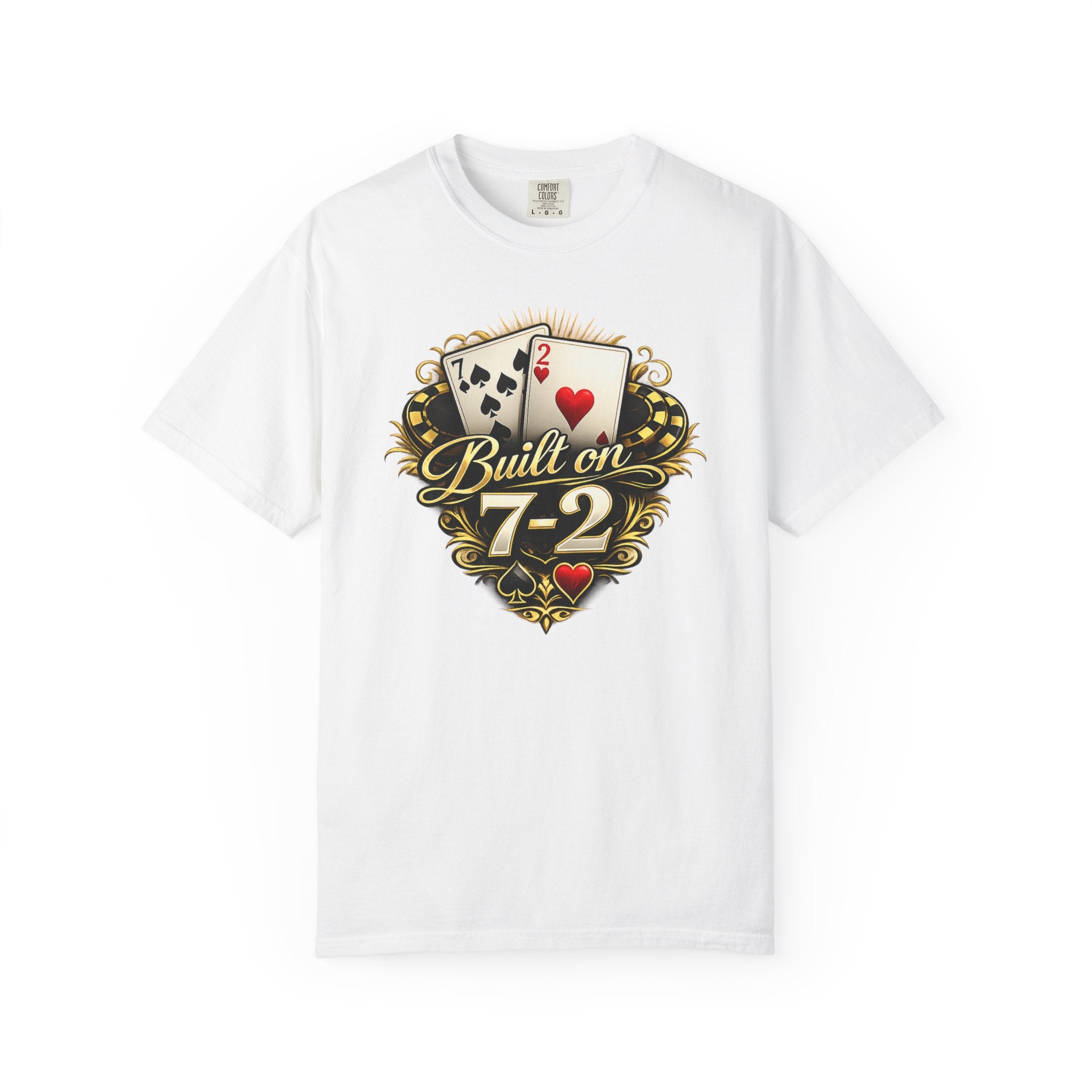 7-2 Style T-Shirt in White – Front Flat Lay | All Bluff Poker