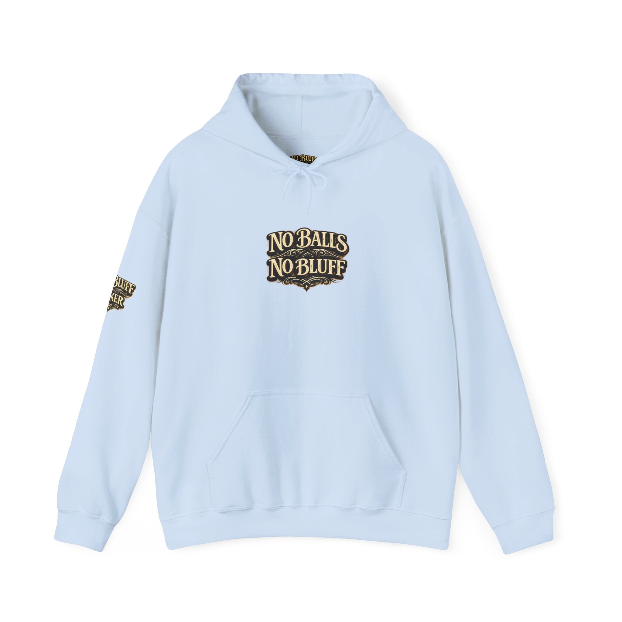No Balls No Bluff Pullover Hoodie in Light Blue – Front Flat Lay | All Bluff Poker