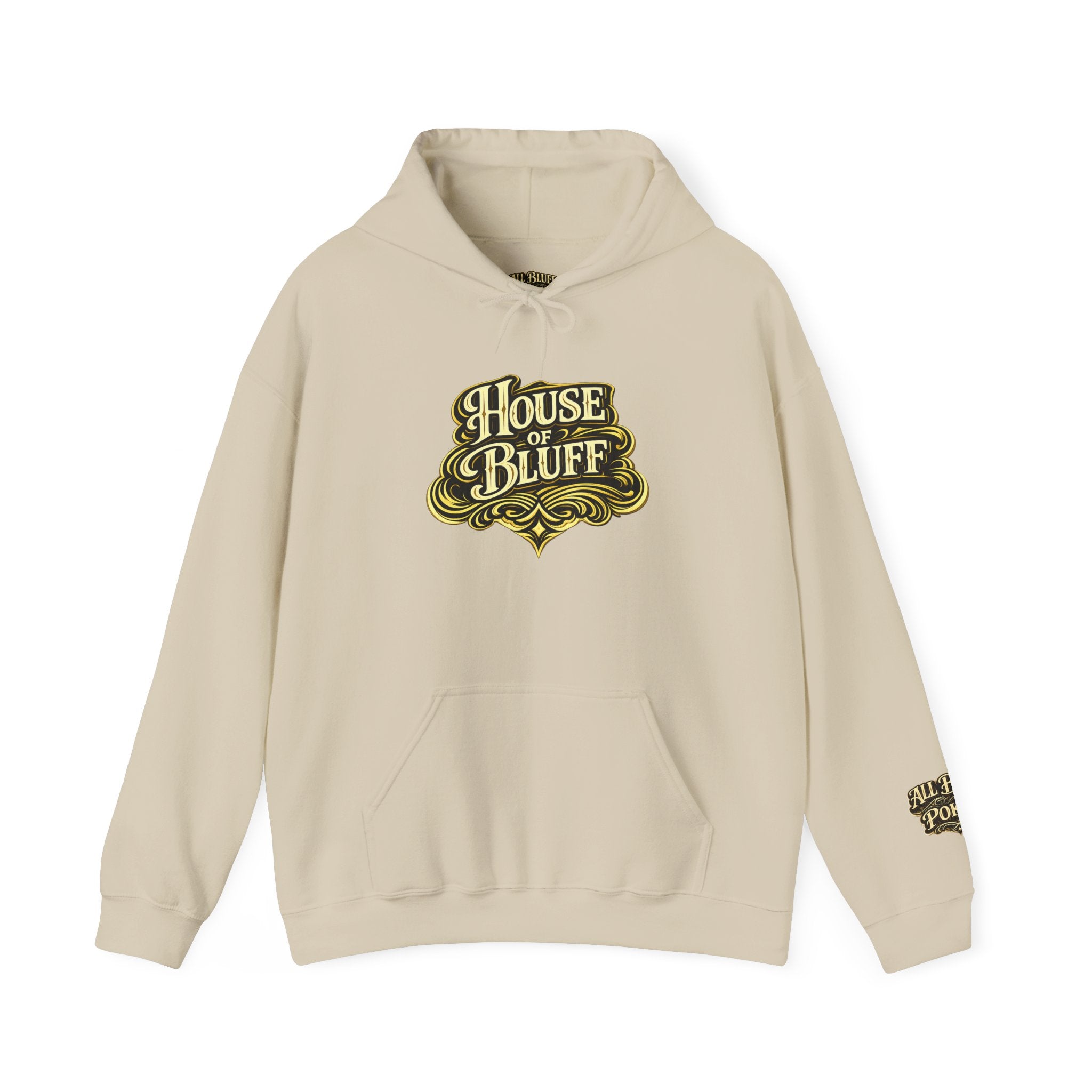 House of Bluff Pullover Hoodie in Sand – Front Flat Lay | All Bluff Poker