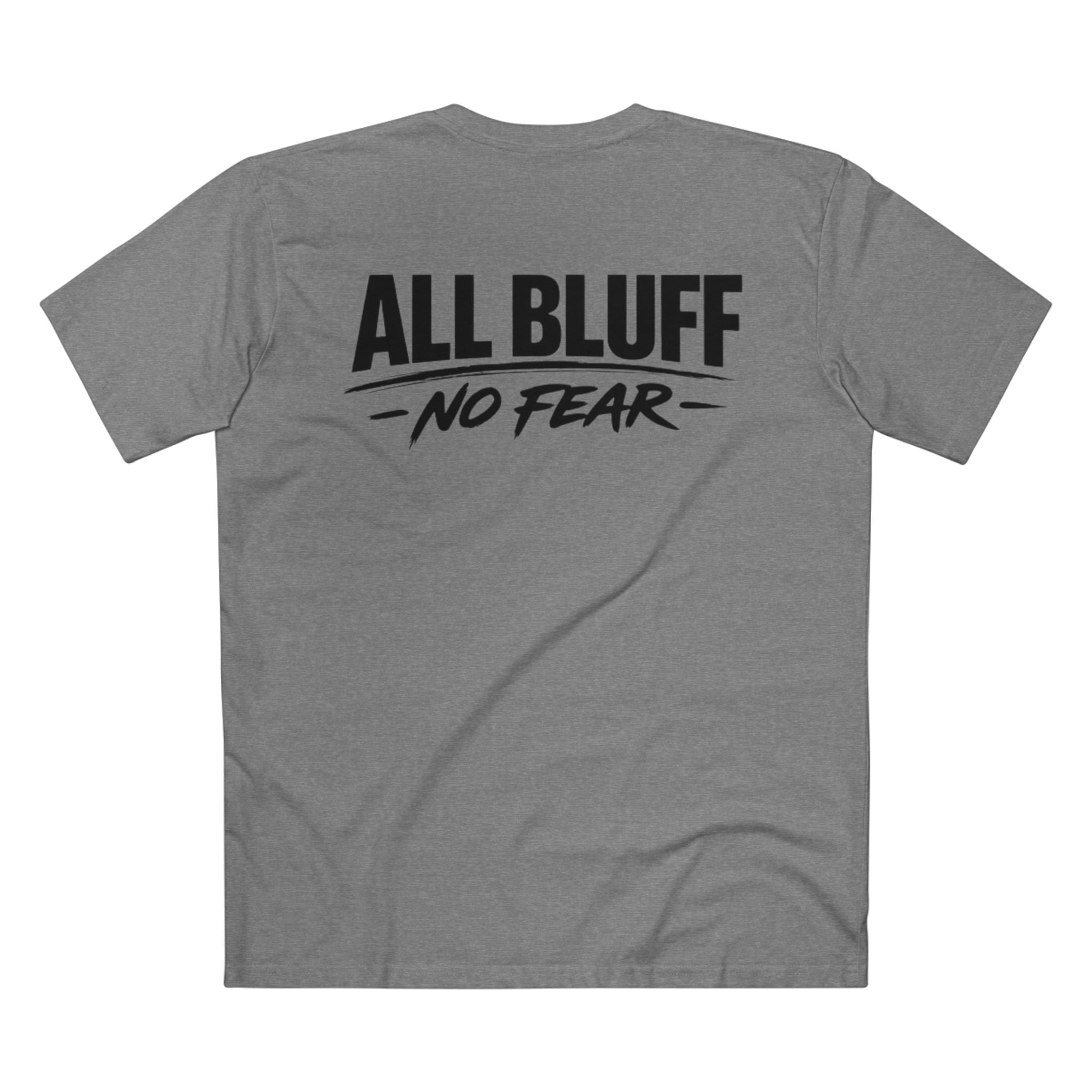 All Bluff No Fear T-Shirt in Athletic Heather – Back Flat Lay | All Bluff Poker