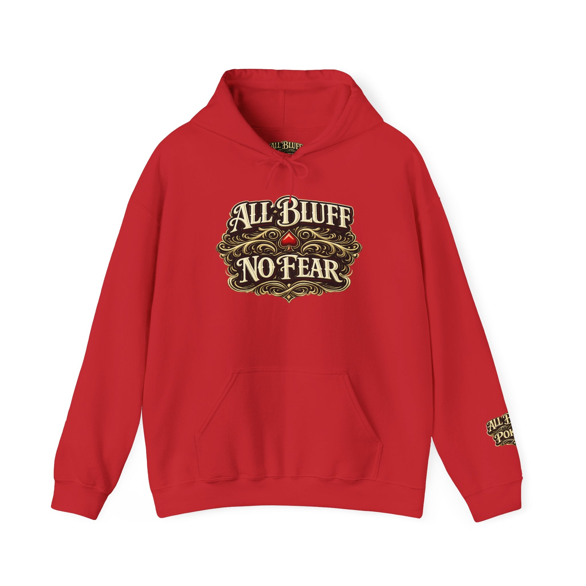 All Bluff No Fear Pullover Hoodie in Red – Front Flat Lay | All Bluff Poker