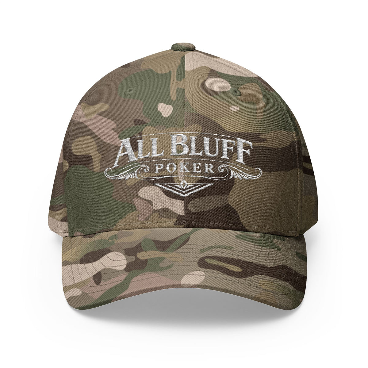 All Bluff Poker Fitted Cap in Multicam Green – Front View | All Bluff Poker