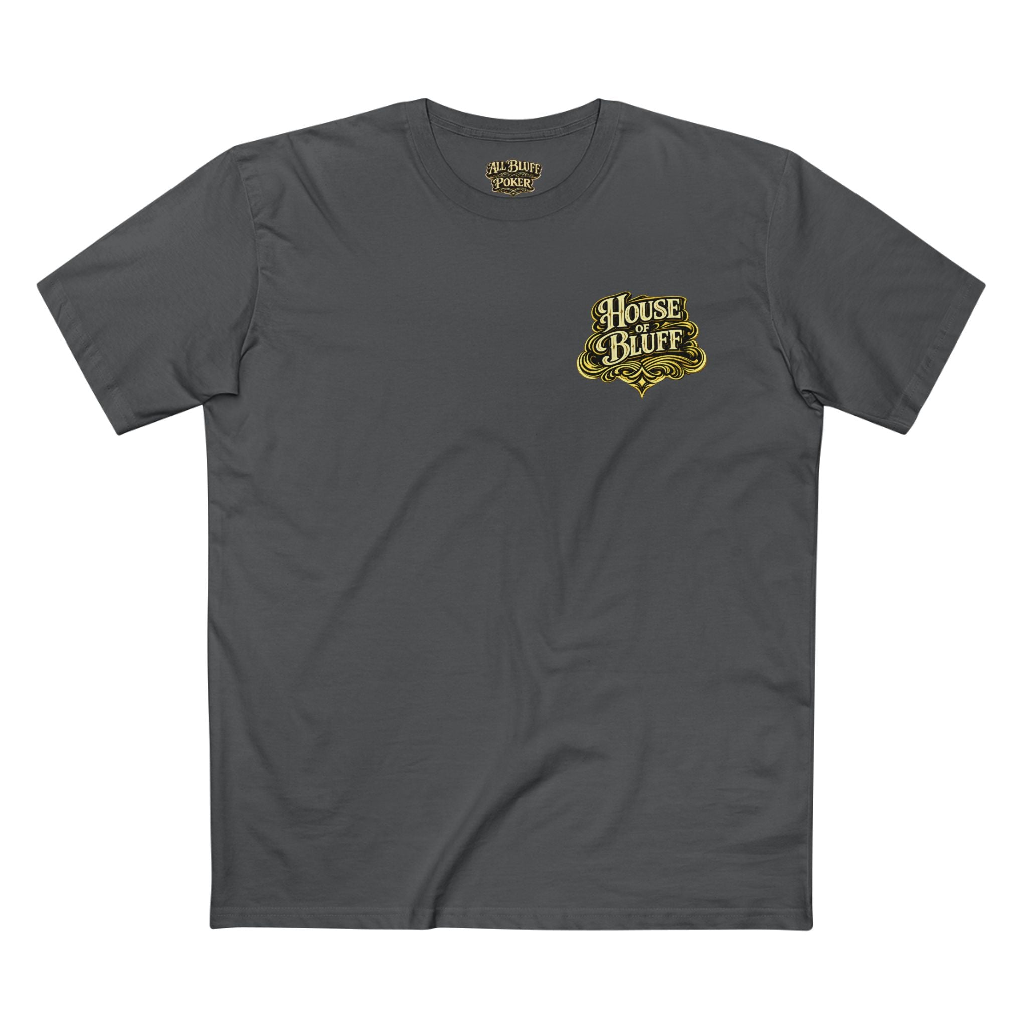 House of Bluff T-Shirt in Charcoal – Front Flat Lay | All Bluff Poker