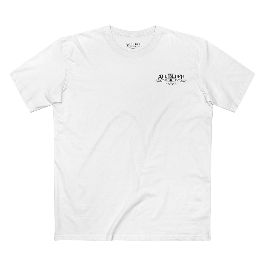 No Balls No Bluff T-Shirt in White – Front Flat Lay | All Bluff Poker