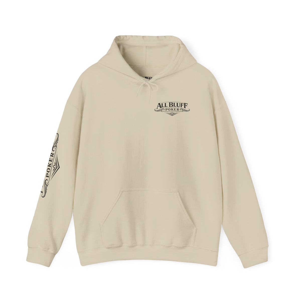 All Bluff Poker Pullover Hoodie in Sand – Front Flat Lay with Right Sleeve Graphic | All Bluff Poker