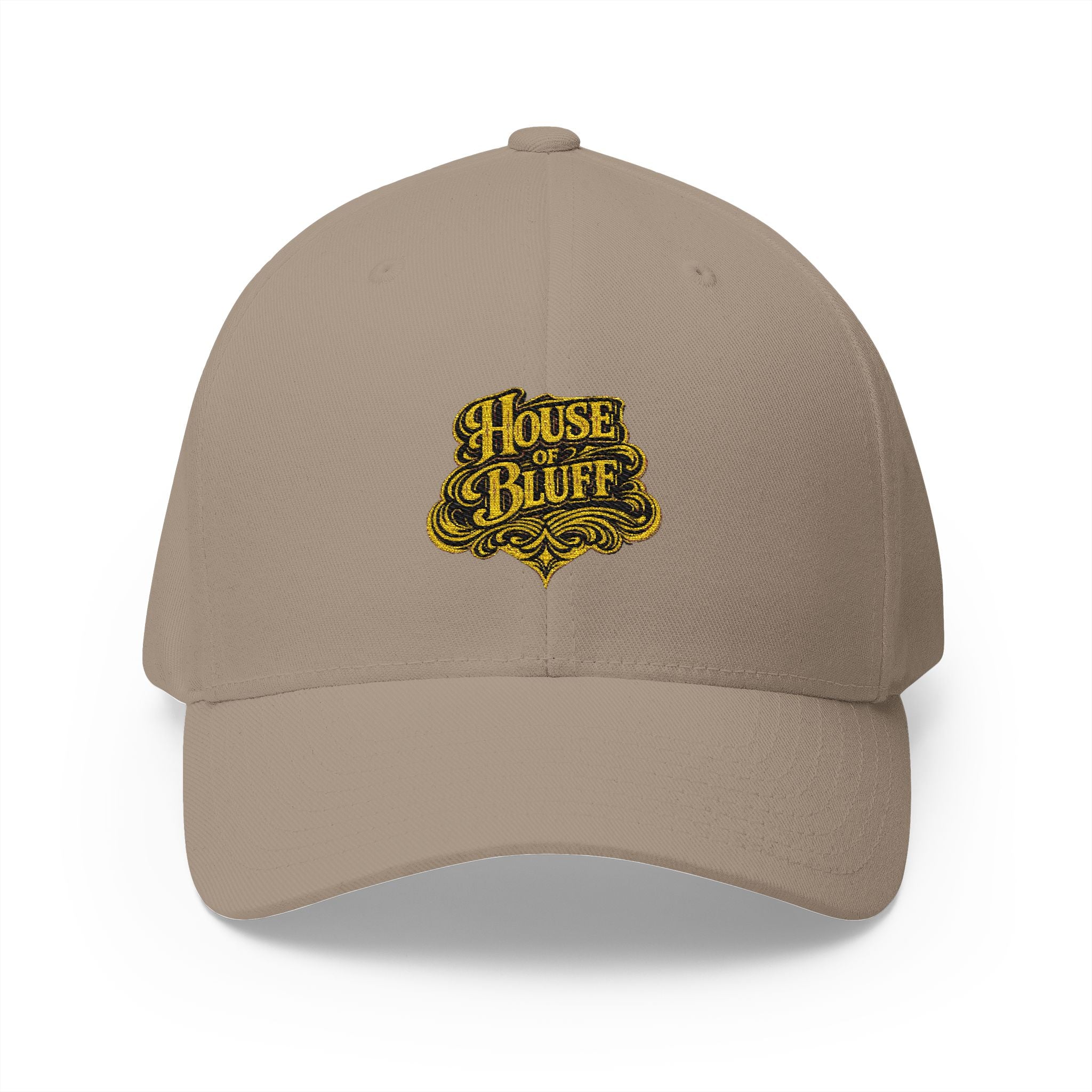 House of Bluff Fitted Cap in Khaki – Front View | All Bluff Poker