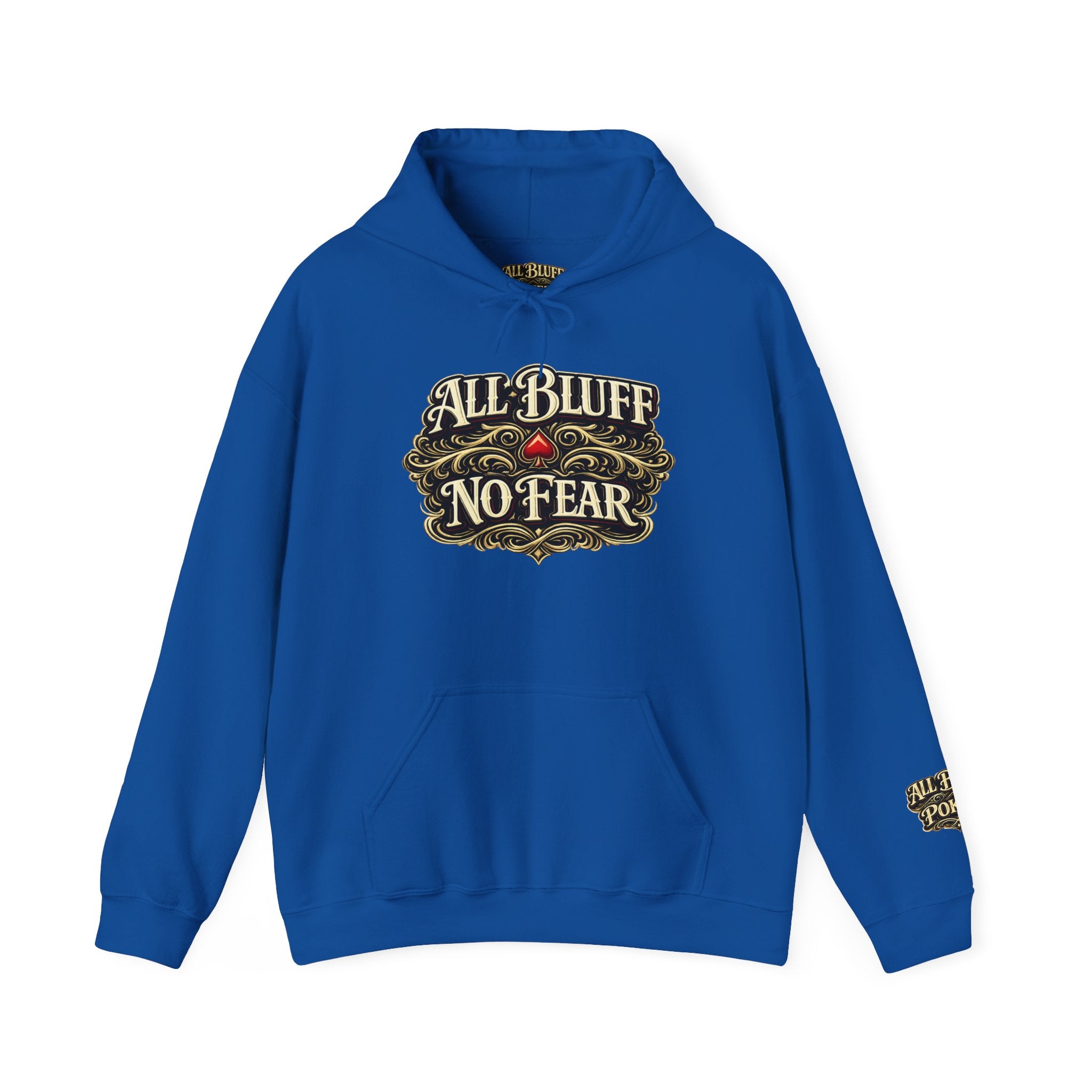 All Bluff No Fear Pullover Hoodie in Royal – Front Flat Lay | All Bluff Poker