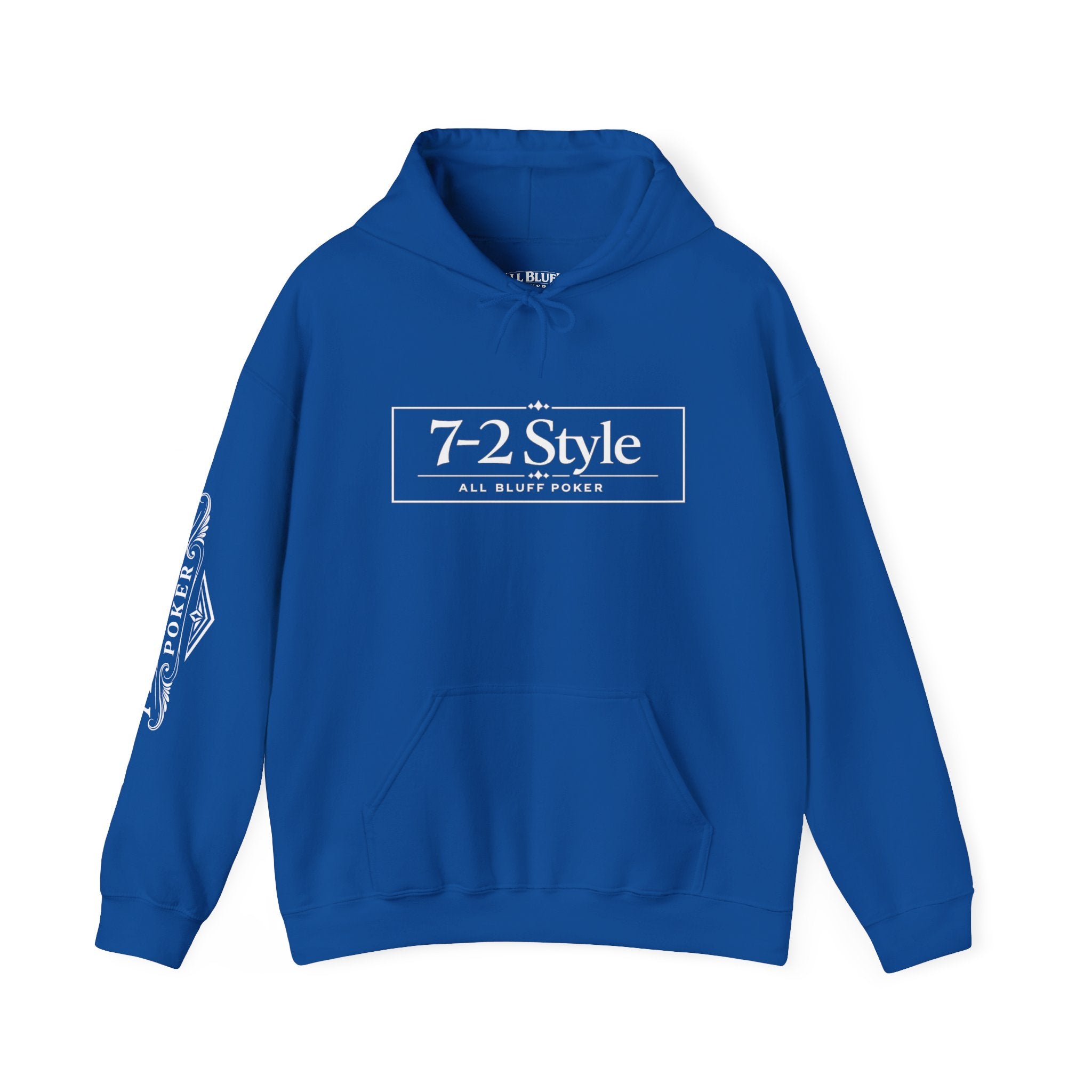 7-2 Style Pullover Hoodie in Royal – Front Flat Lay with Right Sleeve Graphic | All Bluff Poker