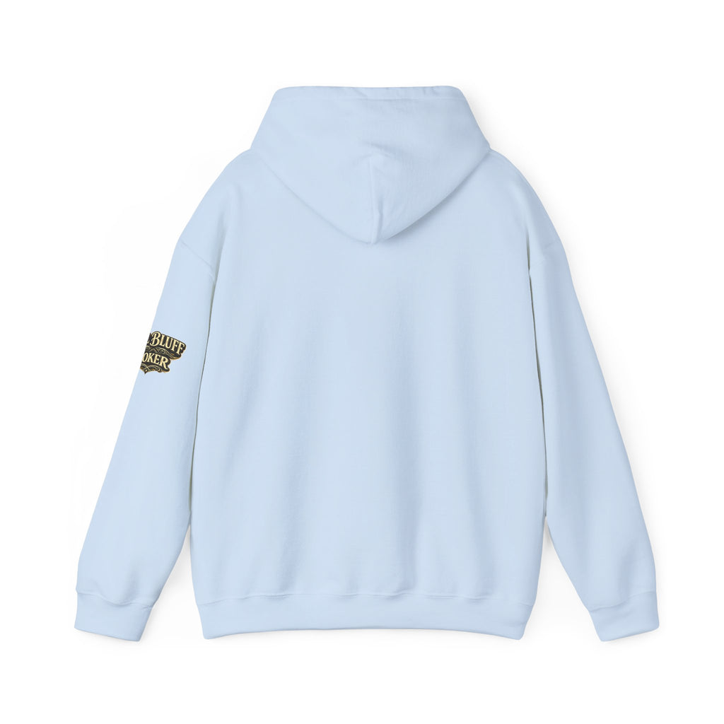 All Bluff Poker Pullover Hoodie in Light Blue – Back Flat Lay | All Bluff Poker
