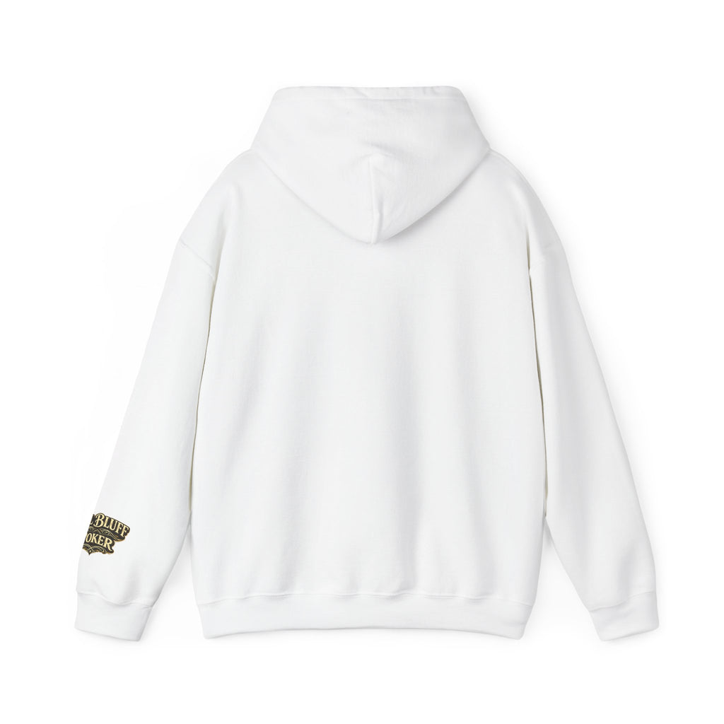 All Bluff No Fear Pullover Hoodie in White – Back Flat Lay | All Bluff Poker