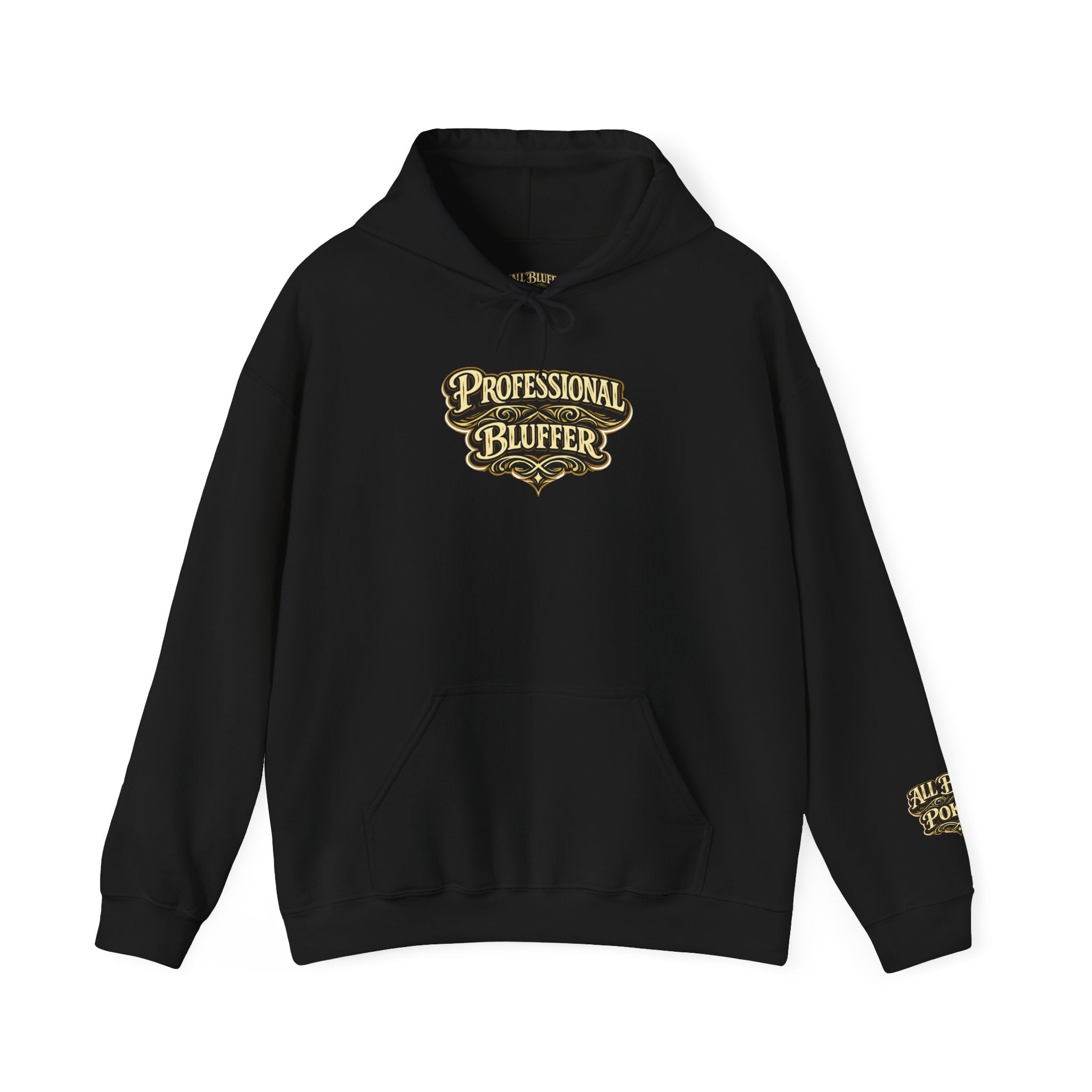 Professional Bluffer Pullover Hoodie in Black – Front Flat Lay | All Bluff Poker