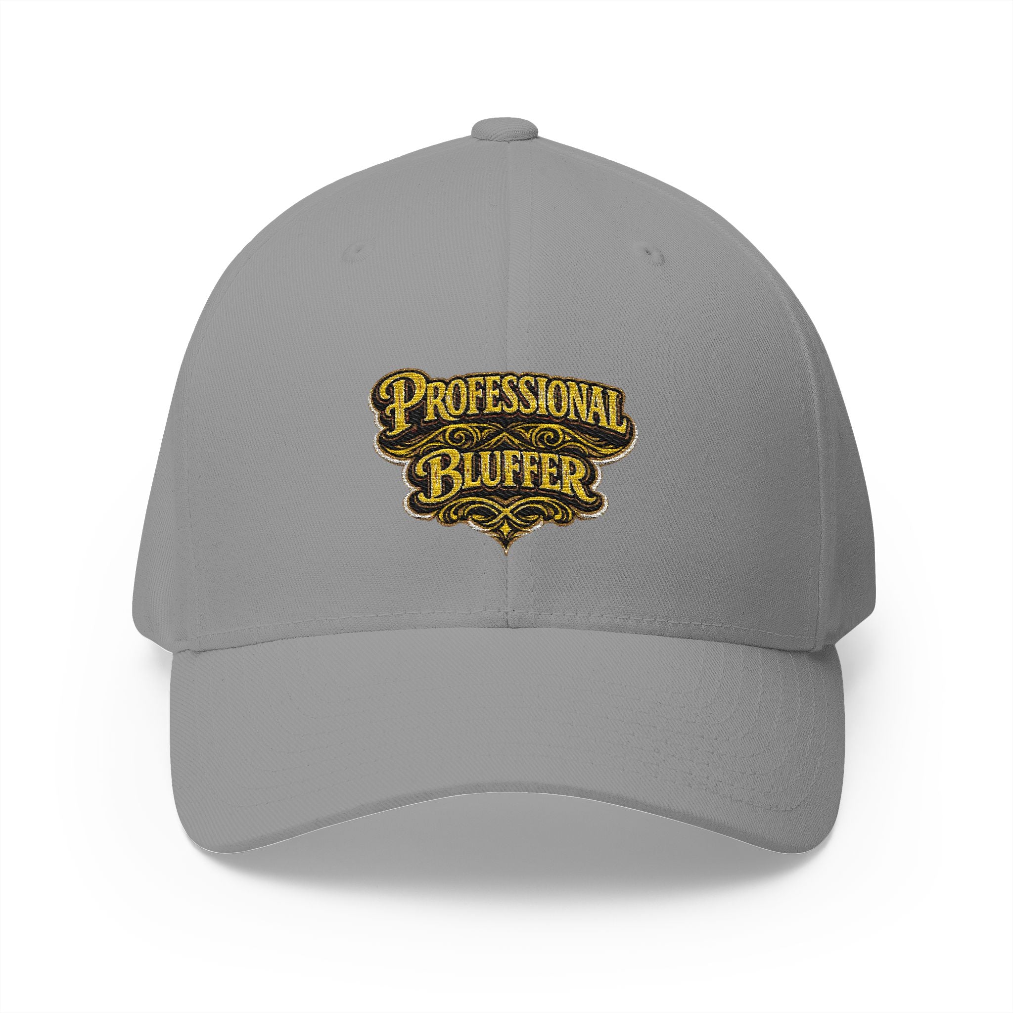 Professional Bluffer Fitted Cap in Grey – Front View | All Bluff Poker