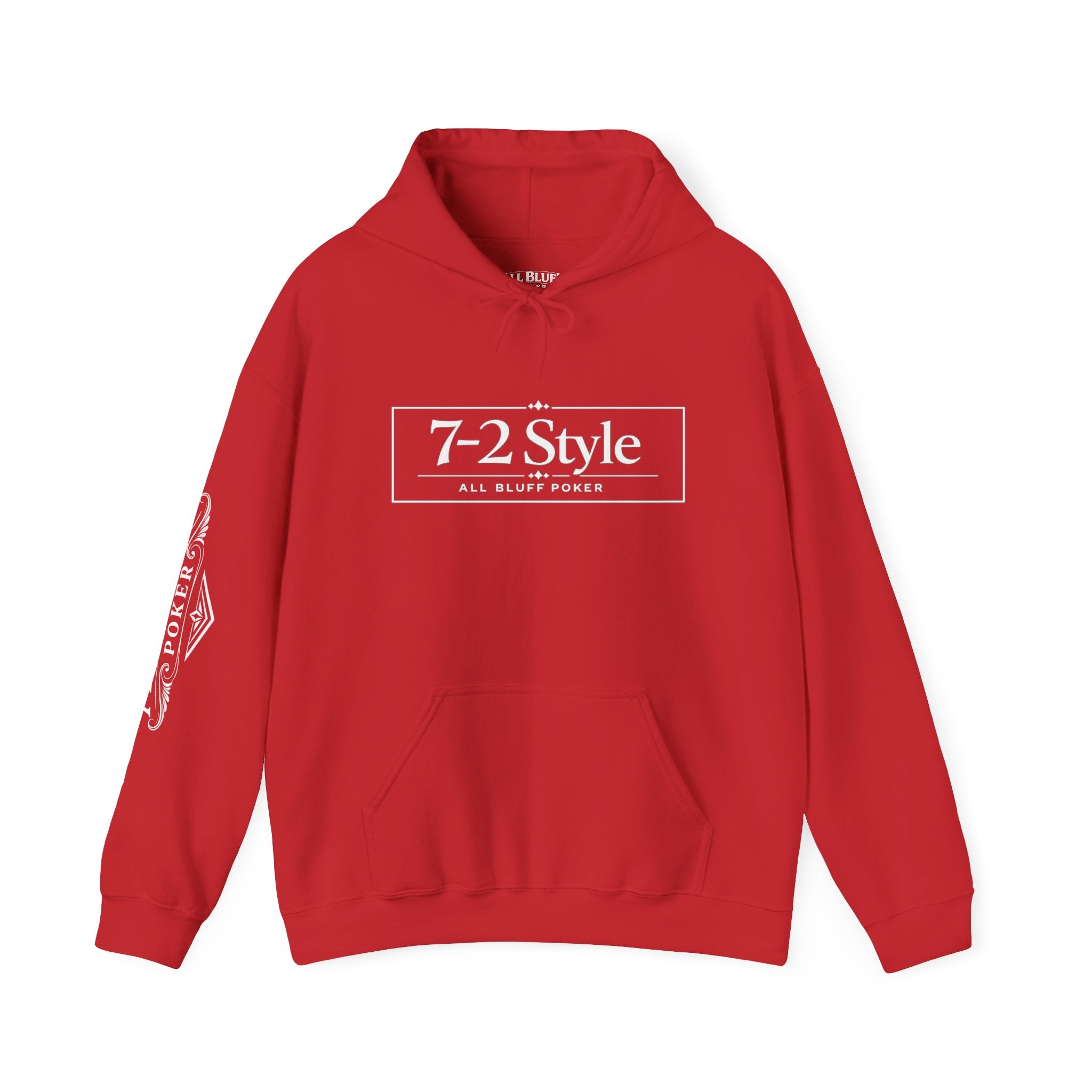 7-2 Style Pullover Hoodie in Red – Front Flat Lay with Right Sleeve Graphic | All Bluff Poker