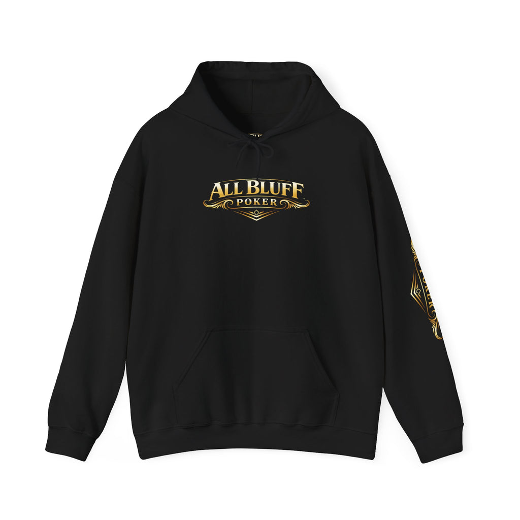7-2 Style Pullover Hoodie in Black – Front Flat Lay with Left Sleeve Graphic | All Bluff Poker