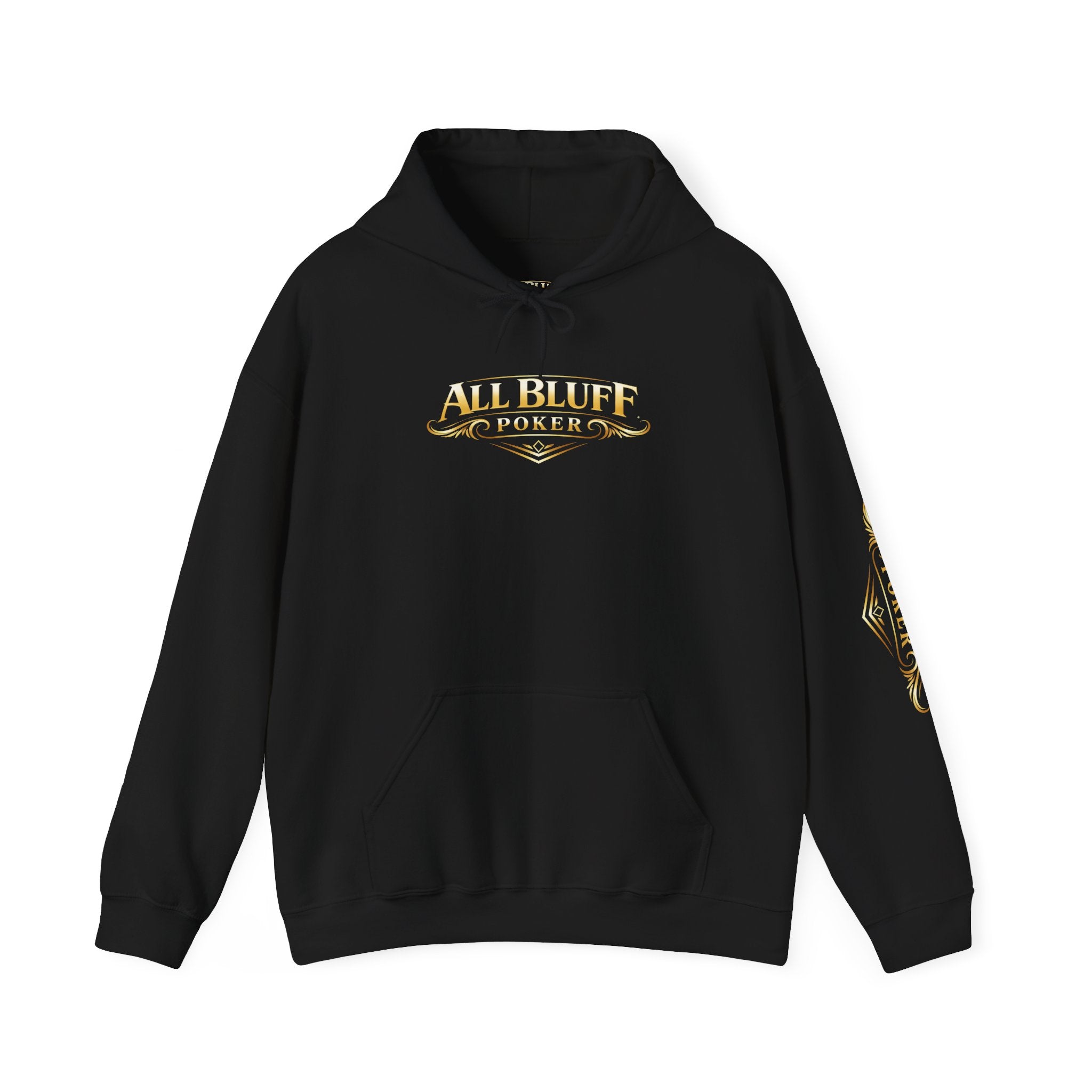 7-2 Style Pullover Hoodie in Black – Front Flat Lay with Left Sleeve Graphic | All Bluff Poker