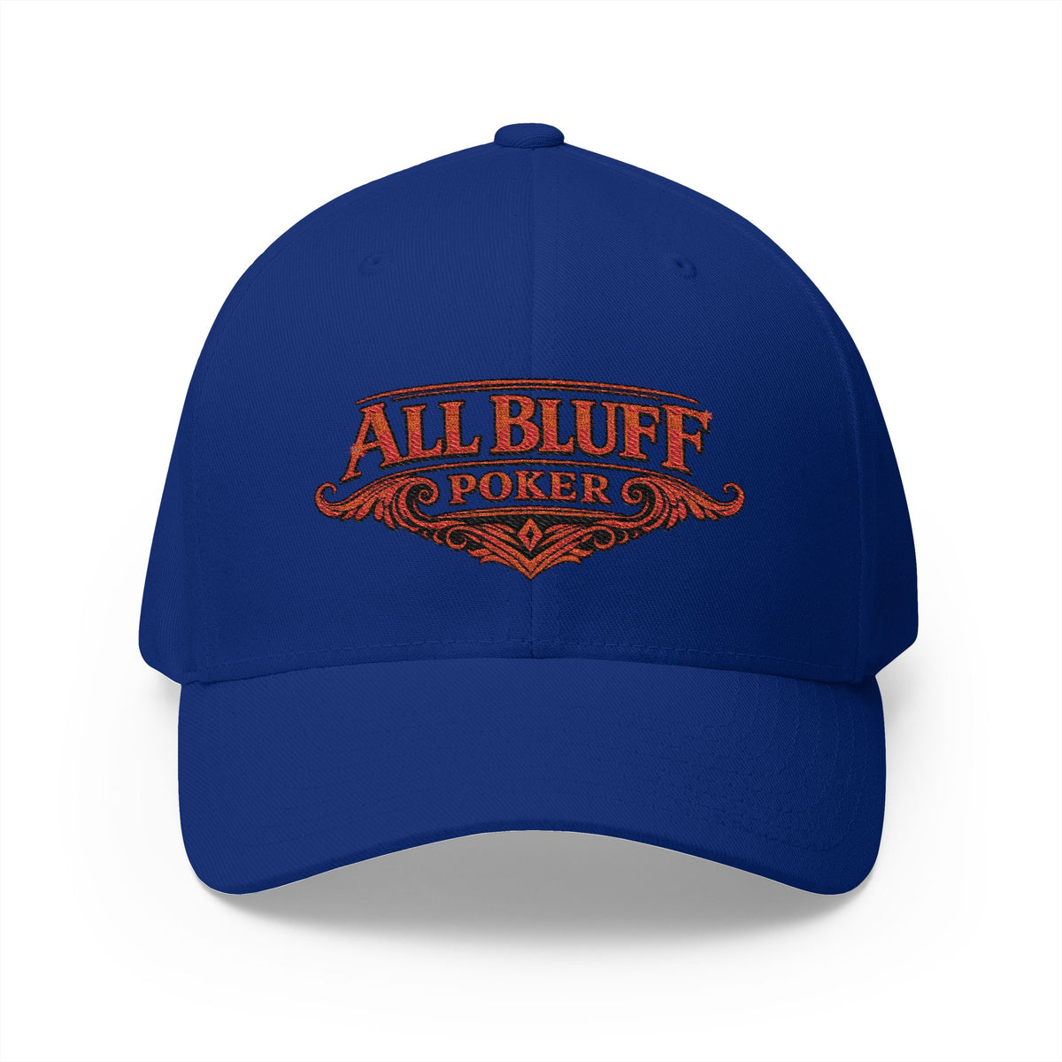 All Bluff Poker Fitted Cap in Royal Blue – Front View | All Bluff Poker