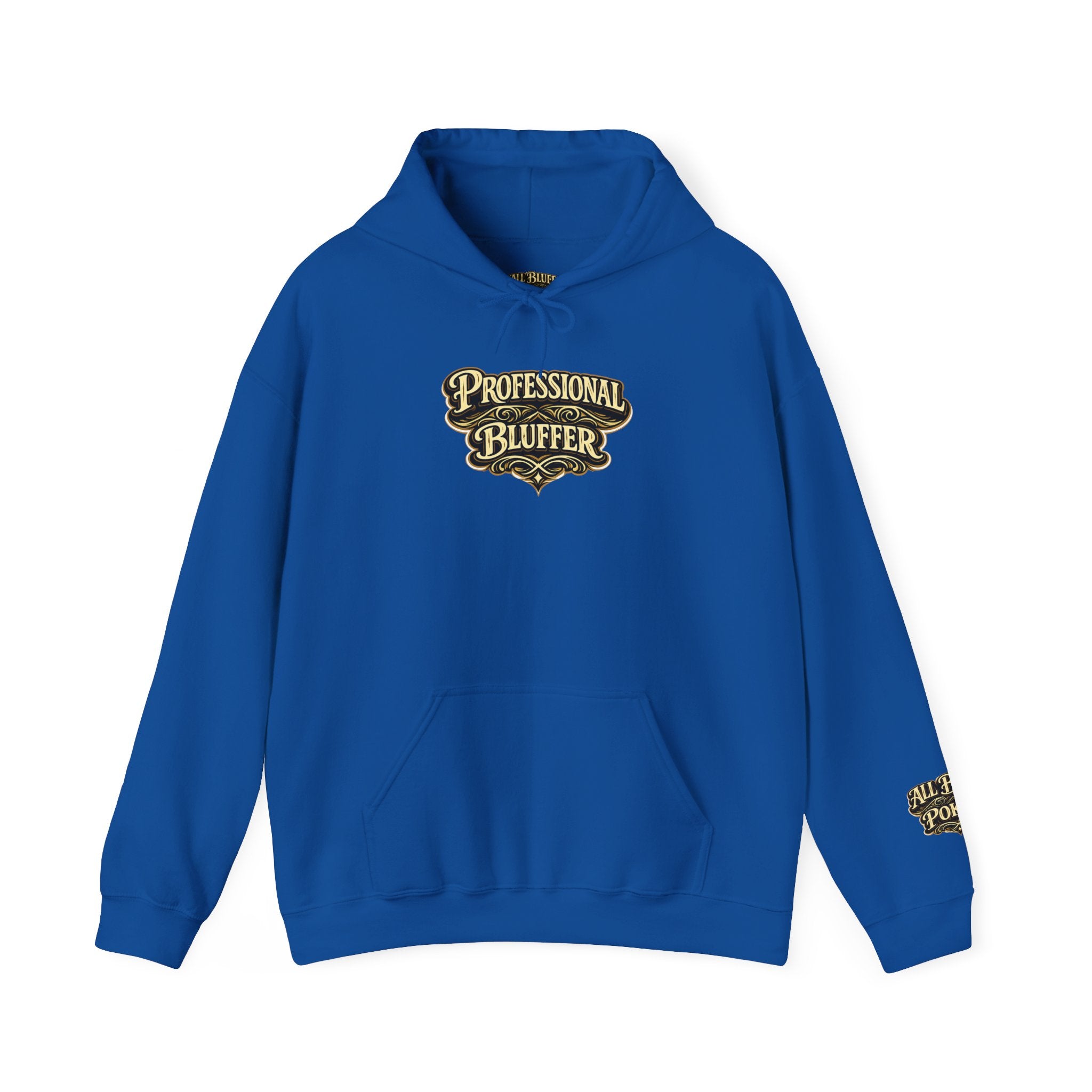 Professional Bluffer Pullover Hoodie in Royal – Front Flat Lay | All Bluff Poker