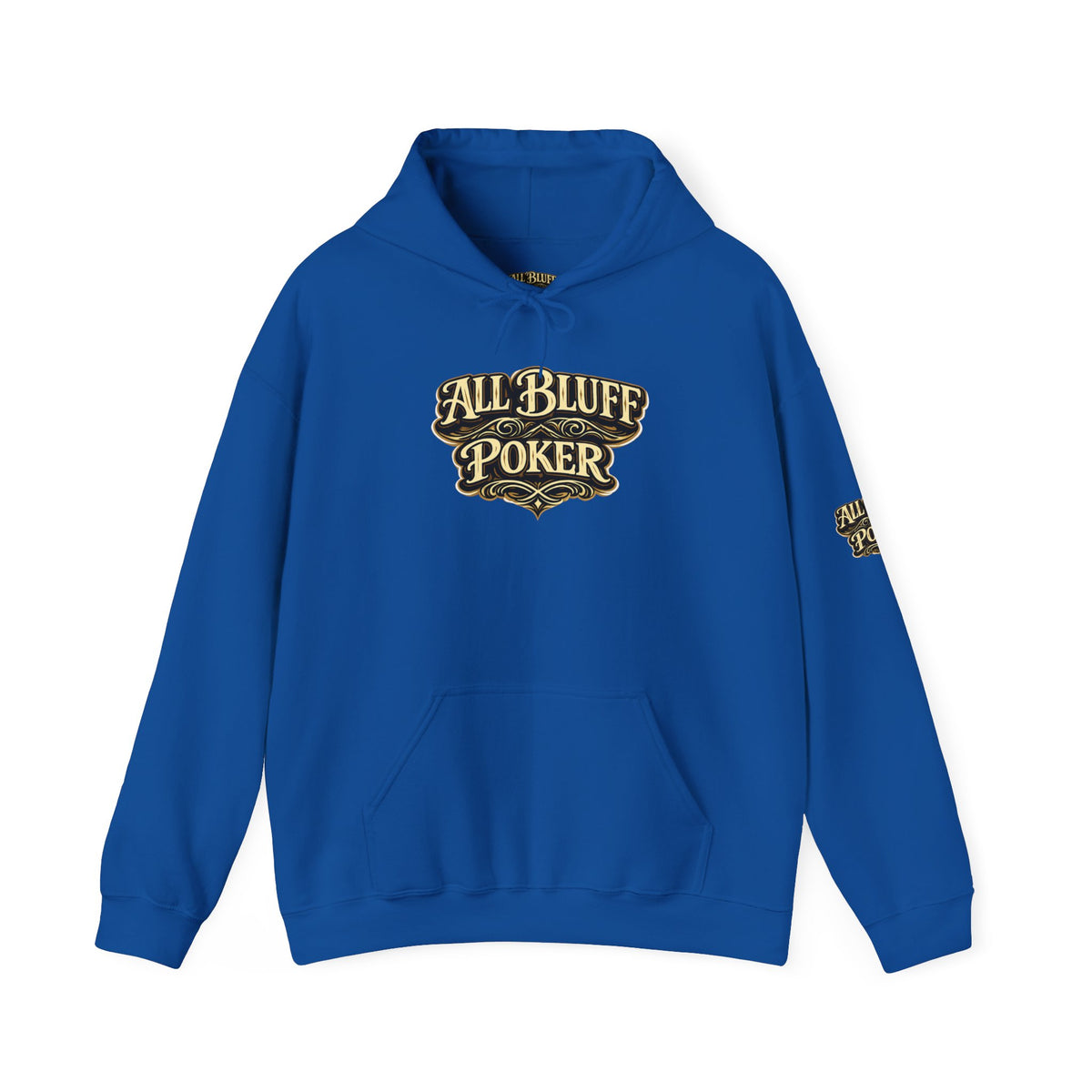 All Bluff Poker Pullover Hoodie in Royal – Front Flat Lay with Left Sleeve Graphic | All Bluff Poker