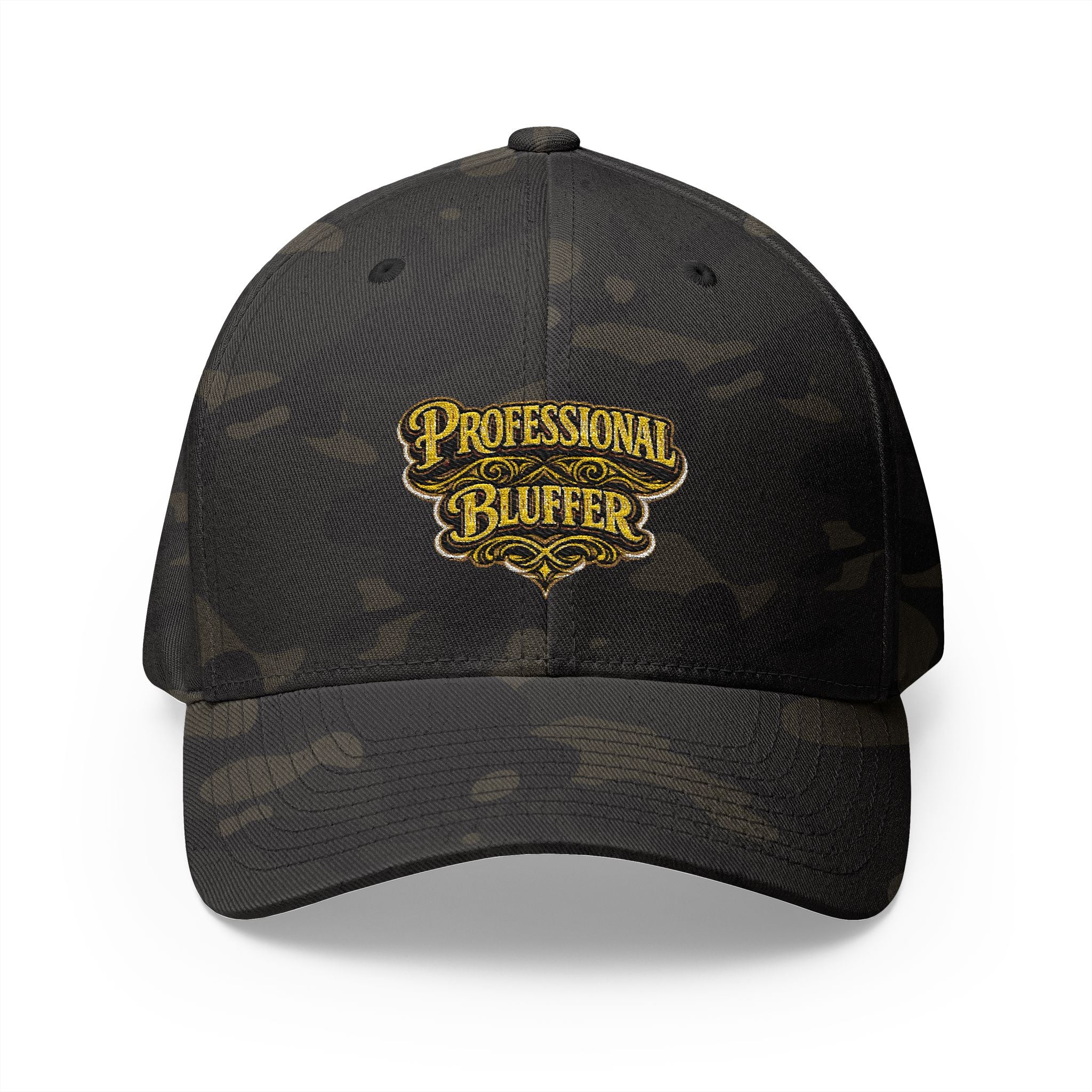 Professional Bluffer Fitted Cap in Multicam Black – Front View | All Bluff Poker