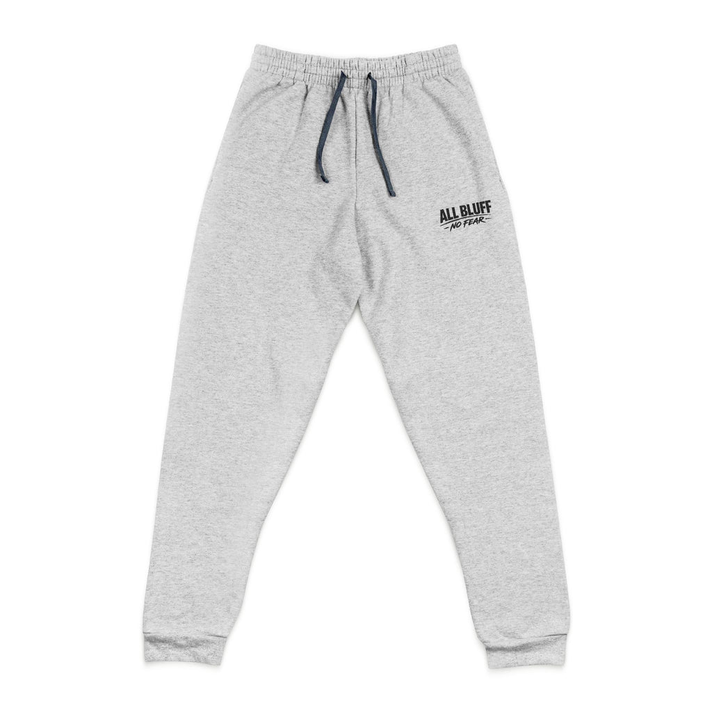 All Bluff No Fear Relaxed Sweatpants in Athletic Heather – Front Flat Lay with Left Leg Embroidery | All Bluff Poker