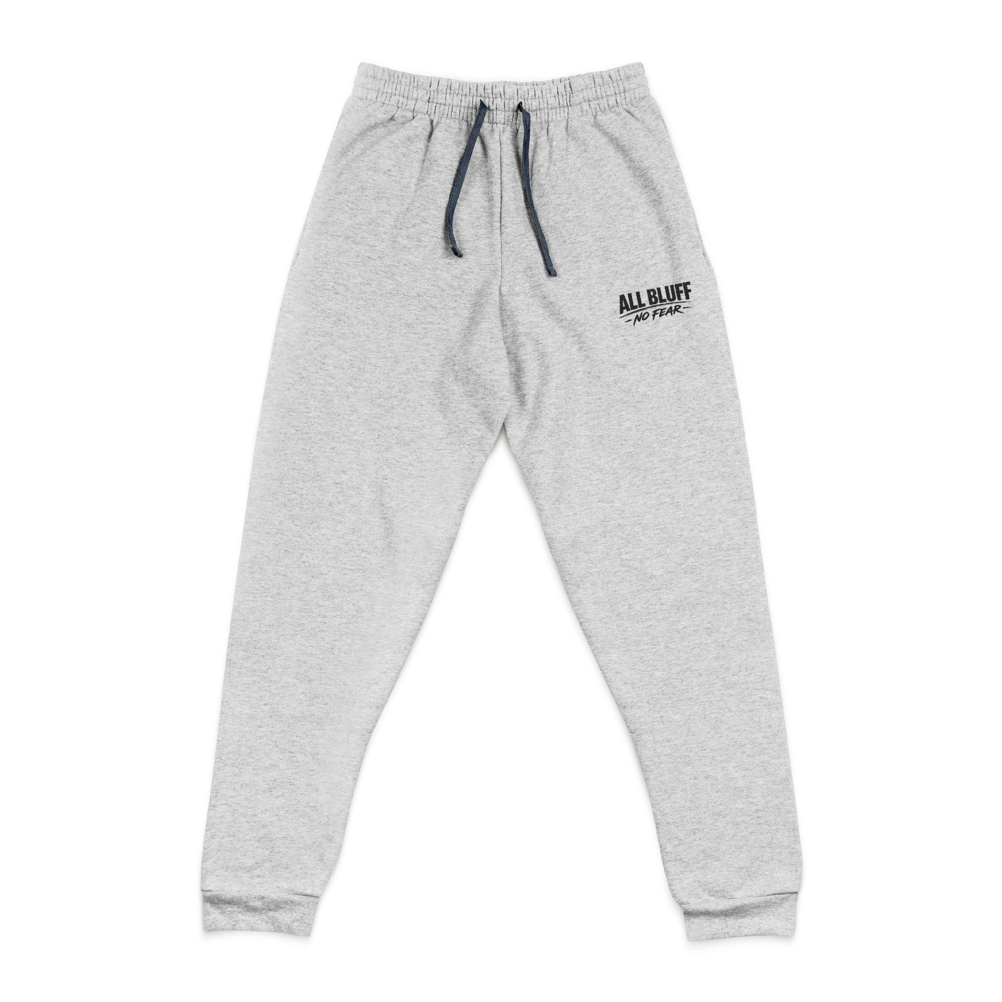 All Bluff No Fear Relaxed Sweatpants in Athletic Heather – Front Flat Lay with Left Leg Embroidery | All Bluff Poker