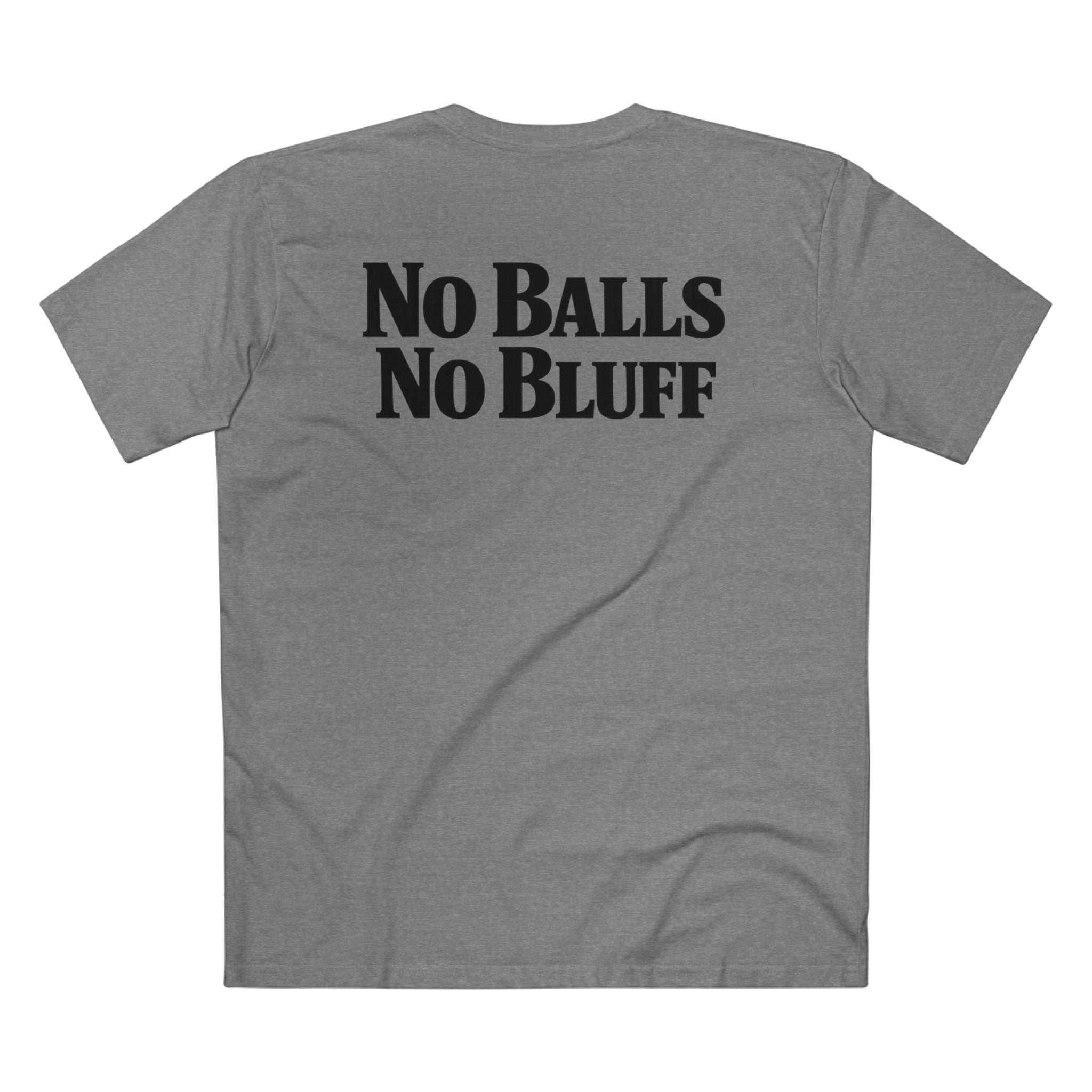 No Balls No Bluff T-Shirt in Athletic Heather – Back Flat Lay | All Bluff Poker