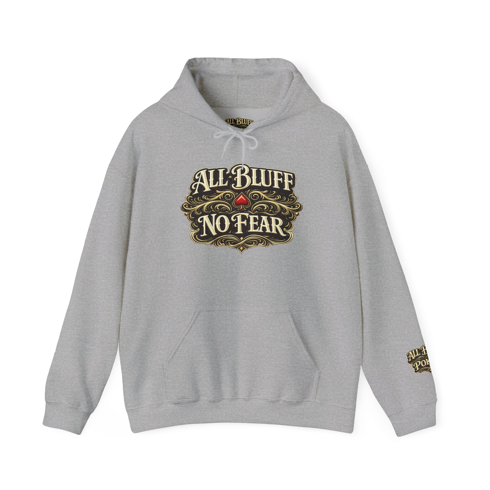 All Bluff No Fear Pullover Hoodie in Sport Grey – Front Flat Lay | All Bluff Poker
