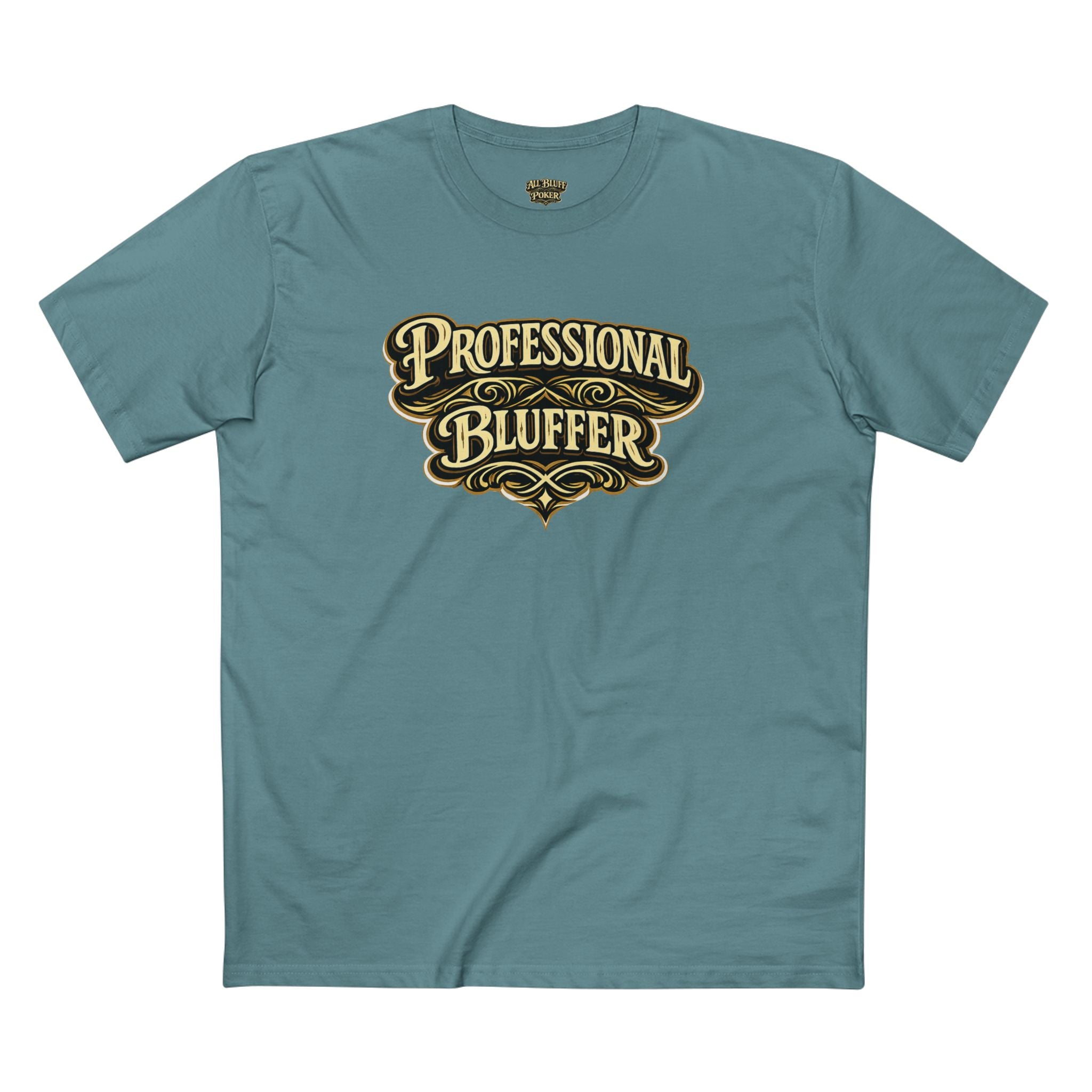 Professional Bluffer T-Shirt in Slate Blue – Front Flat Lay | All Bluff Poker