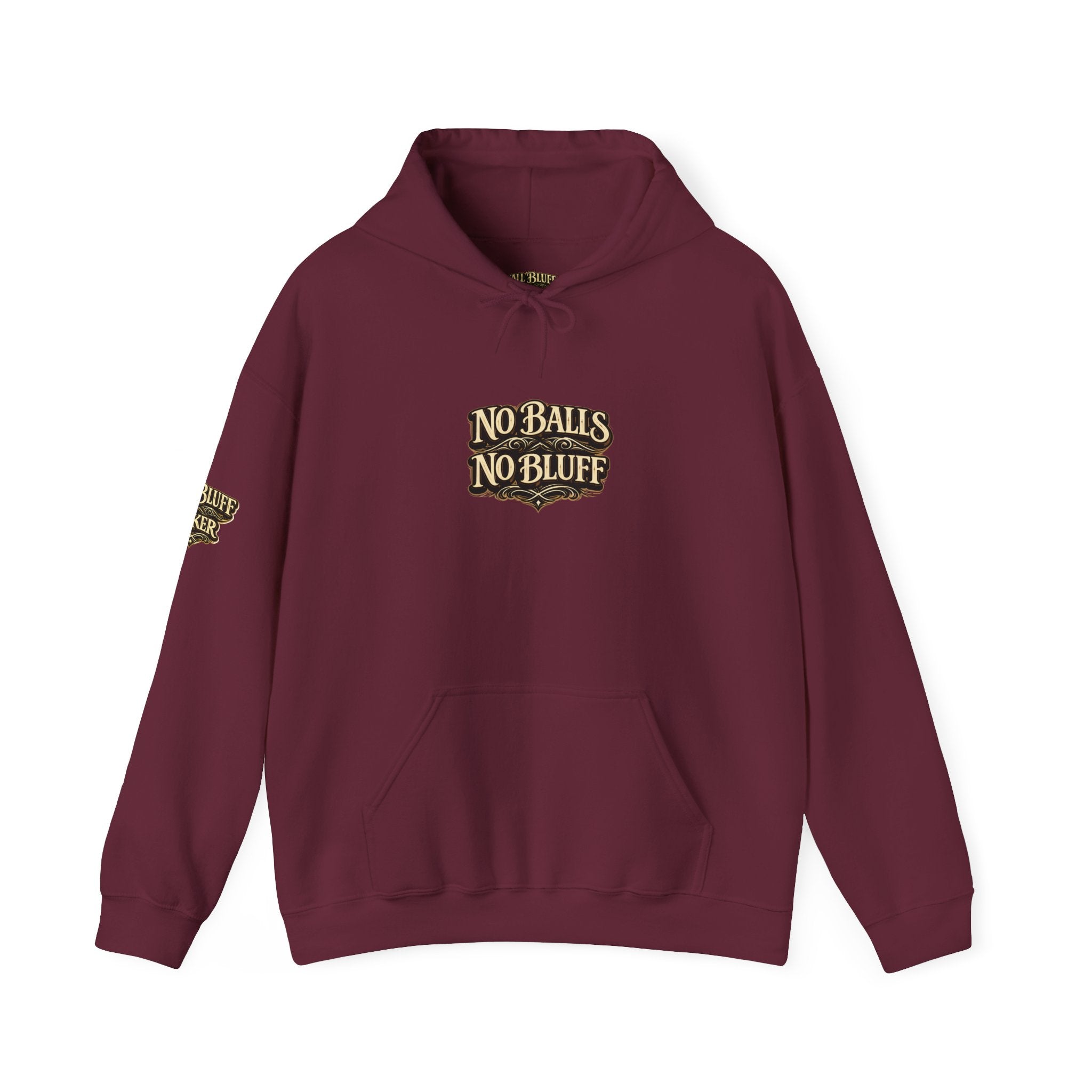 No Balls No Bluff Pullover Hoodie in Maroon – Front Flat Lay | All Bluff Poker