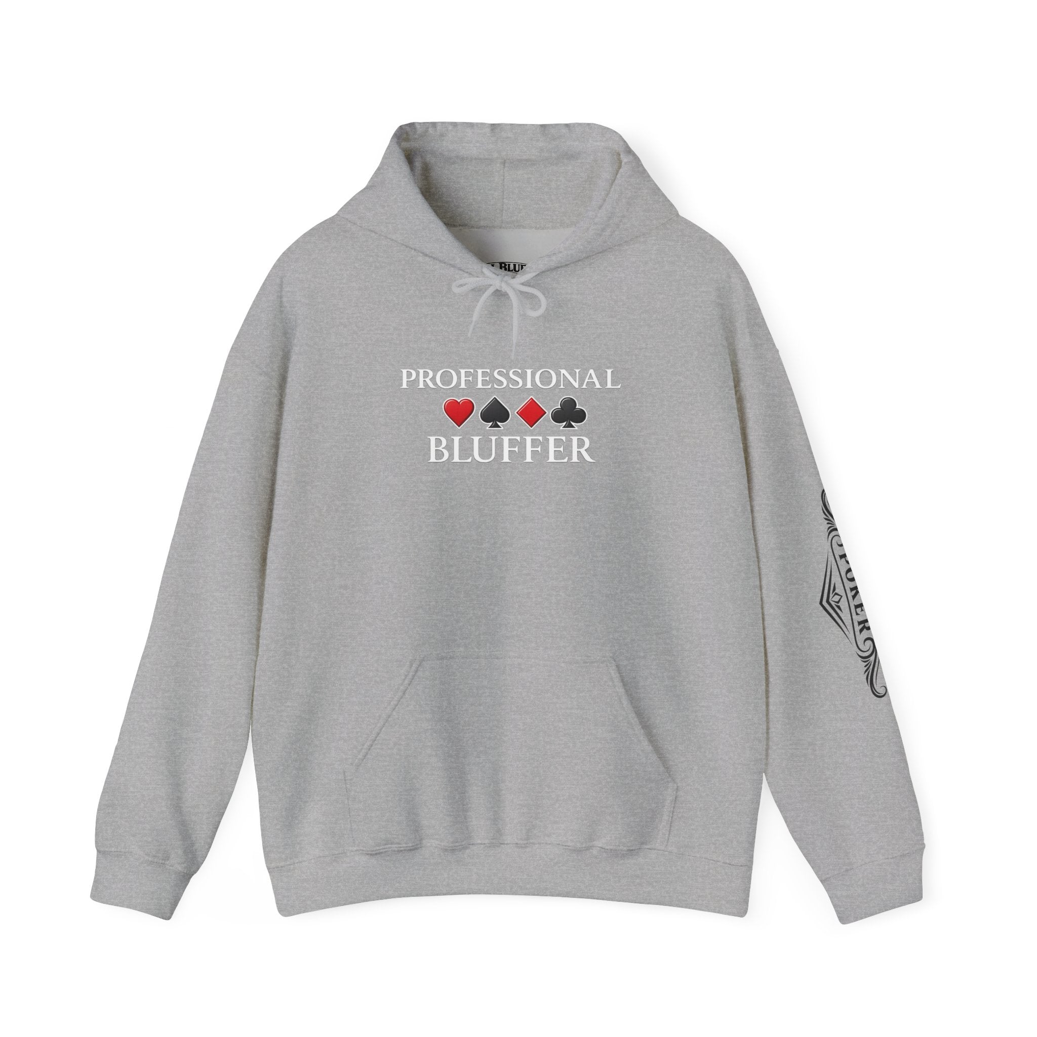 Professional Bluffer Pullover Hoodie in Sport Grey – Front Flat Lay with Left Sleeve Graphic | All Bluff Poker