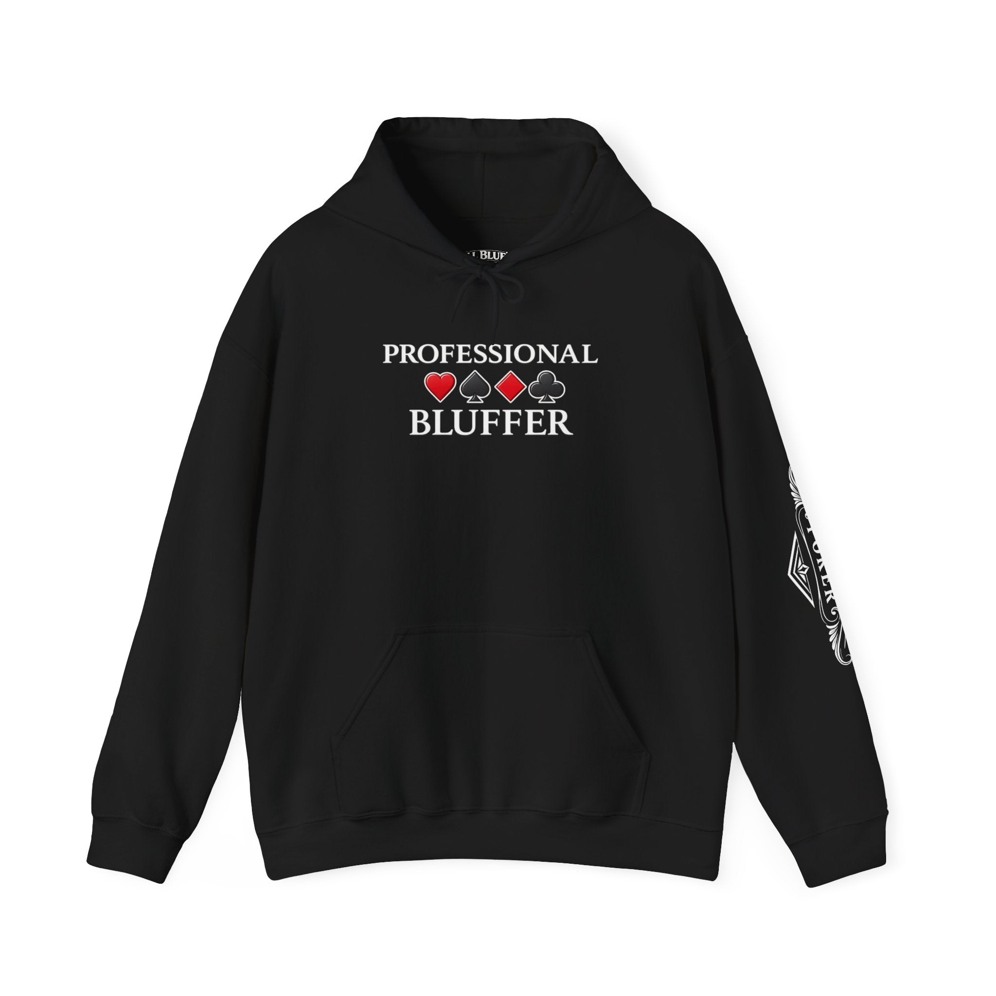 Professional Bluffer Pullover Hoodie in Black – Front Flat Lay with Left Sleeve Graphic | All Bluff Poker